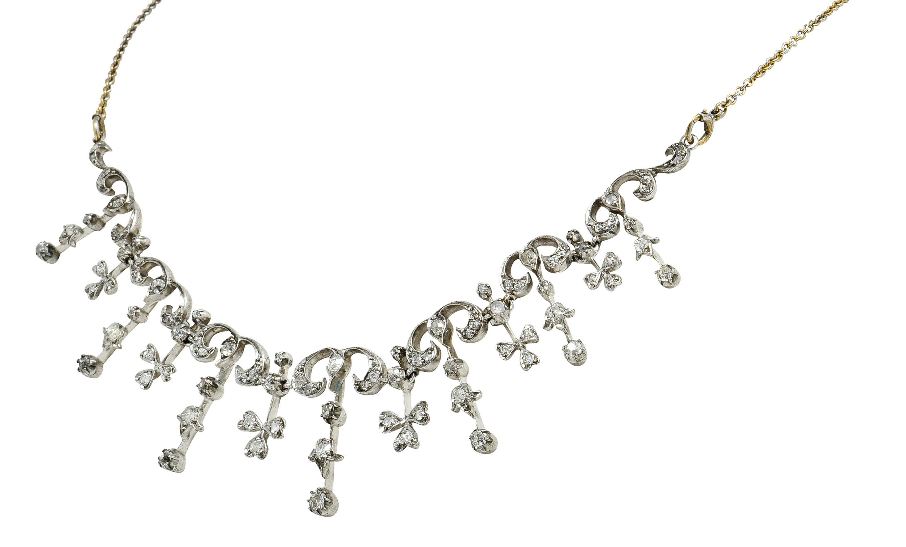 Edwardian 4.00 Carat Diamond Platinum-Topped 14 Karat Gold Droplet Necklace In Excellent Condition In Philadelphia, PA
