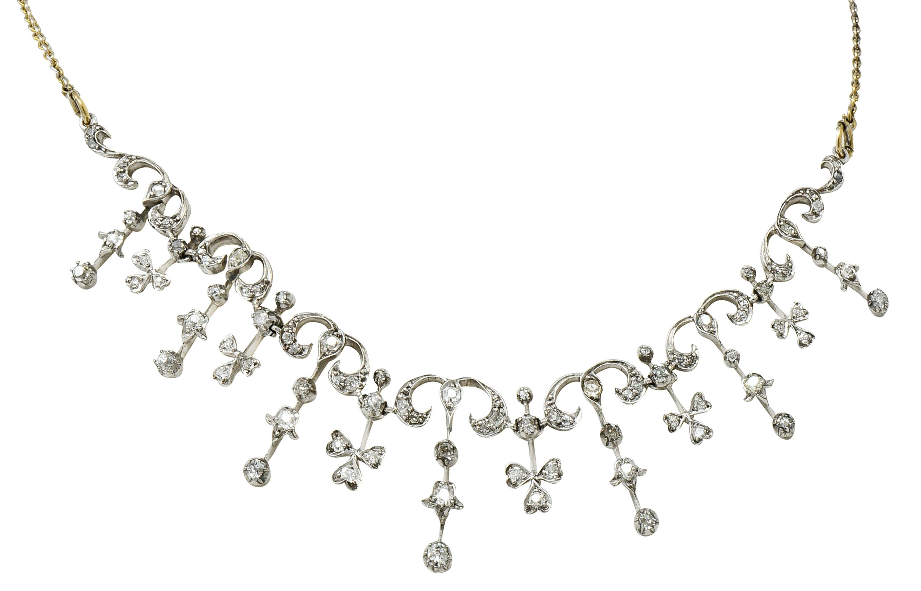Women's or Men's Edwardian 4.00 Carat Diamond Platinum-Topped 14 Karat Gold Droplet Necklace