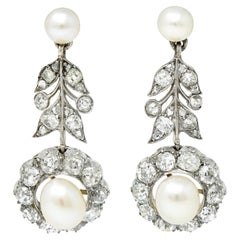 Edwardian 4.10 Carats Old Mine Cut Diamond Natural Saltwater Pearl Gold Earrings