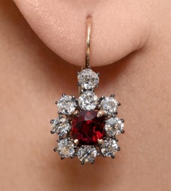 Edwardian 4.12ct Vivid Red Burma Spinel Diamond Cluster Hanging Drop Earrings