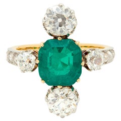 Edwardian 4.25 CTW Colombian Emerald Diamond Platinum 18K Gold Antique Ring AGL