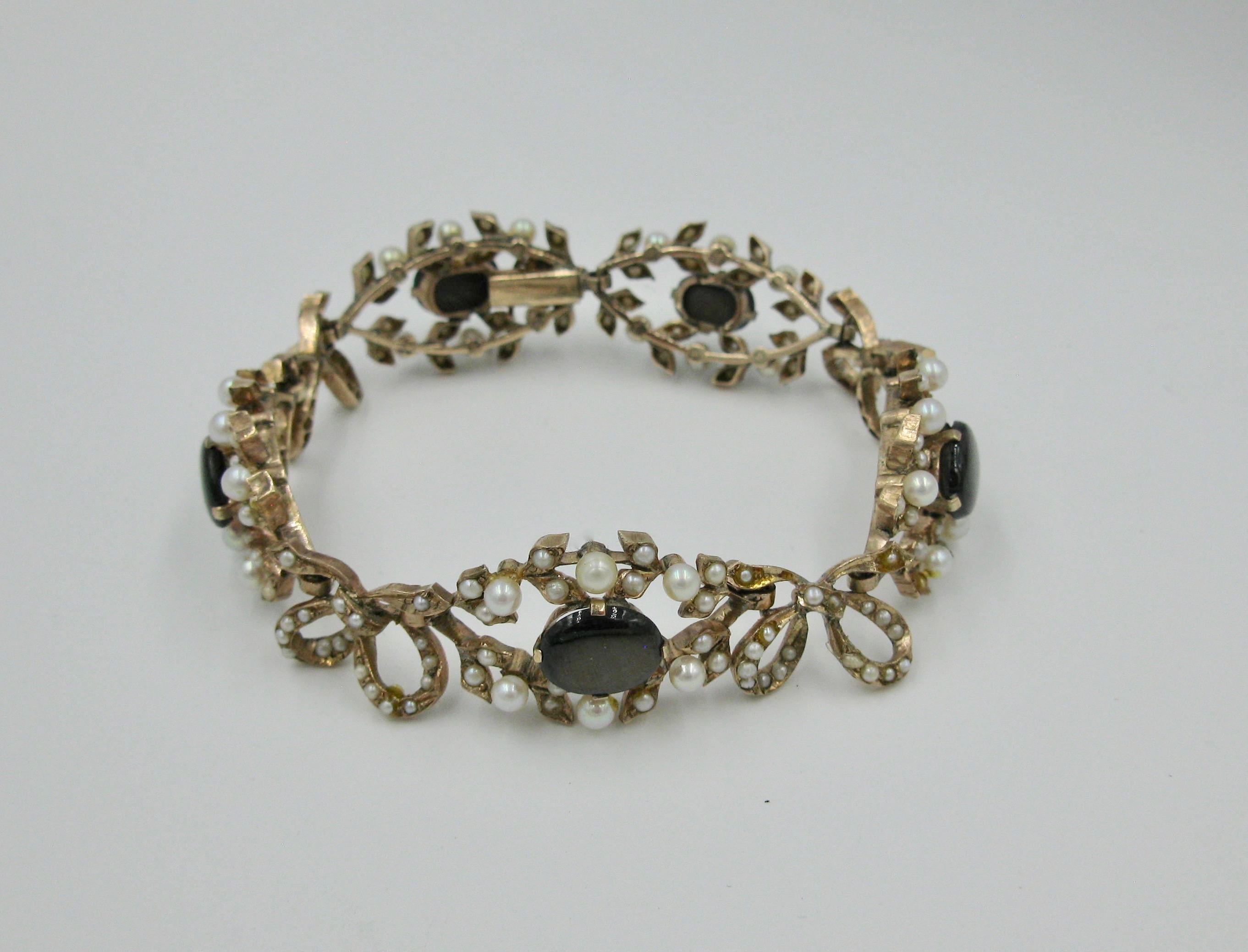 Edwardian 43 Carat Star Sapphire Seed Pearl Necklace Bracelet Earrings Suite For Sale 3