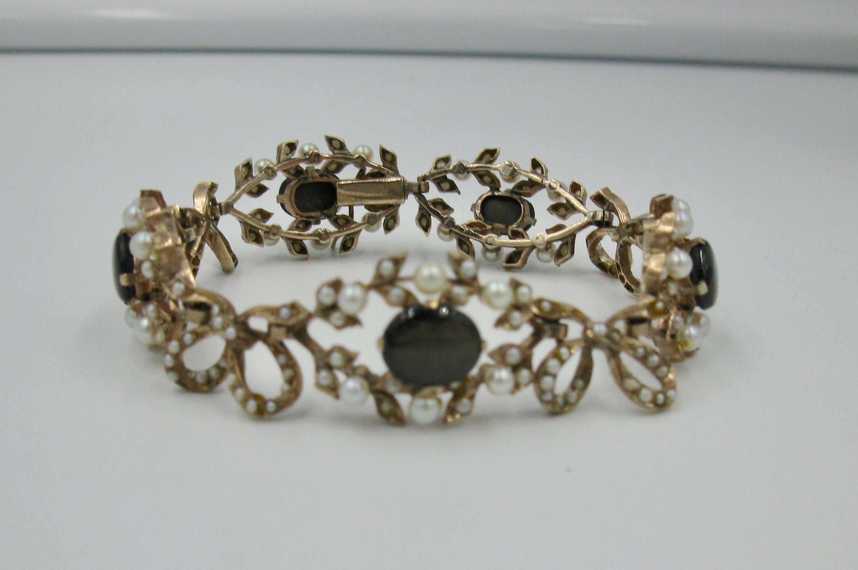 Edwardian 43 Carat Star Sapphire Seed Pearl Necklace Bracelet Earrings Suite For Sale 5