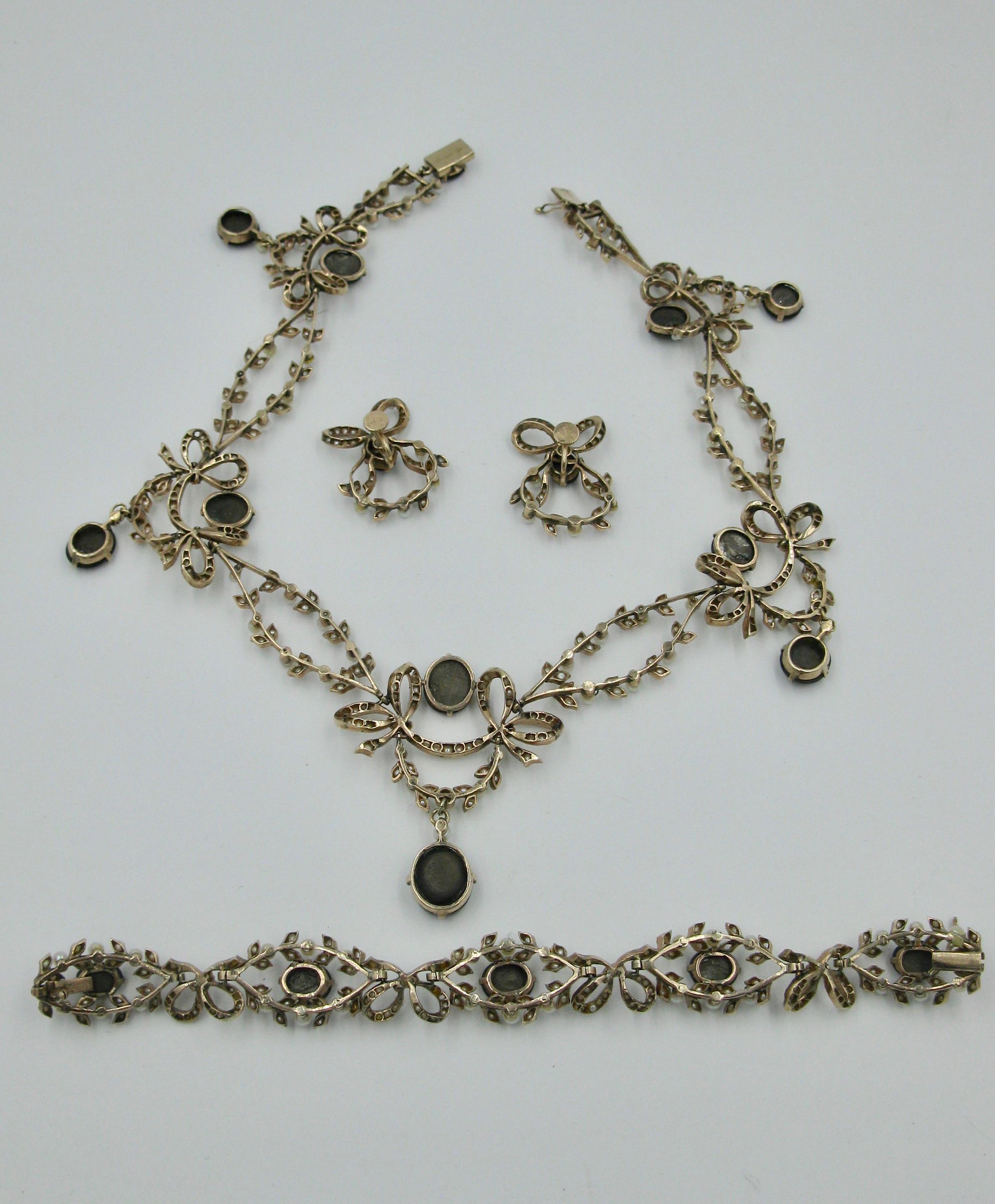 Edwardian 43 Carat Star Sapphire Seed Pearl Necklace Bracelet Earrings Suite For Sale 6