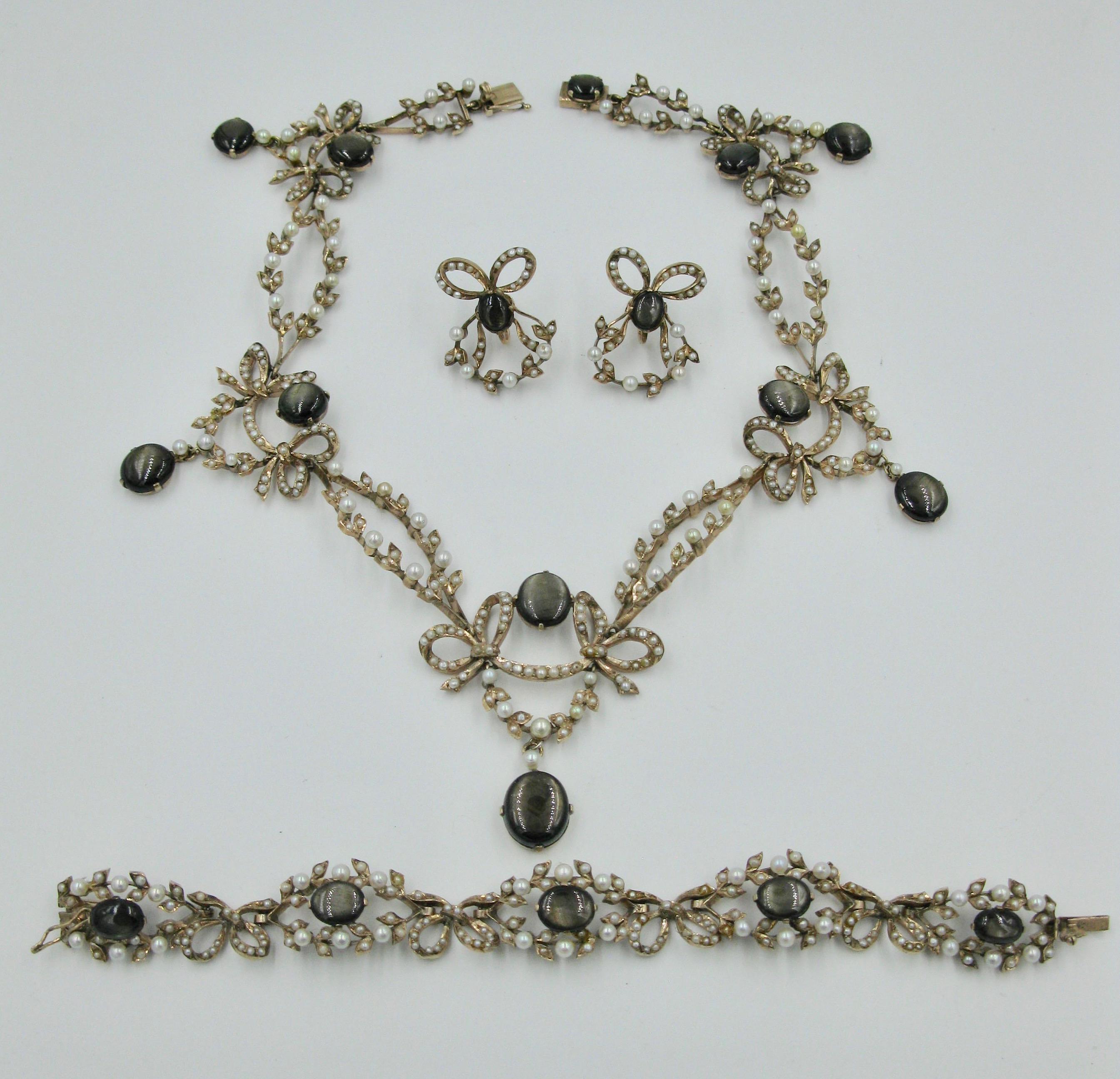 Cabochon Edwardian 43 Carat Star Sapphire Seed Pearl Necklace Bracelet Earrings Suite For Sale