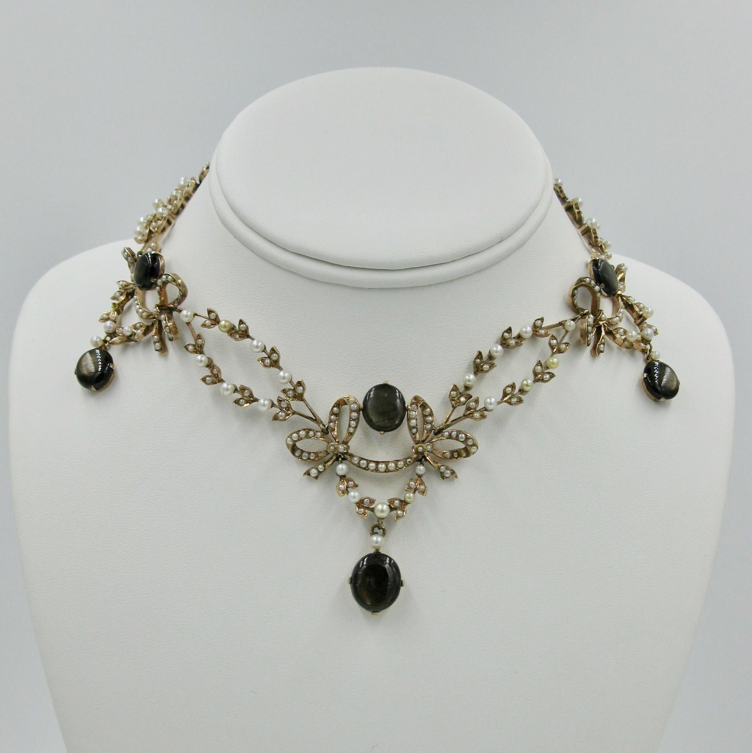 Women's Edwardian 43 Carat Star Sapphire Seed Pearl Necklace Bracelet Earrings Suite For Sale