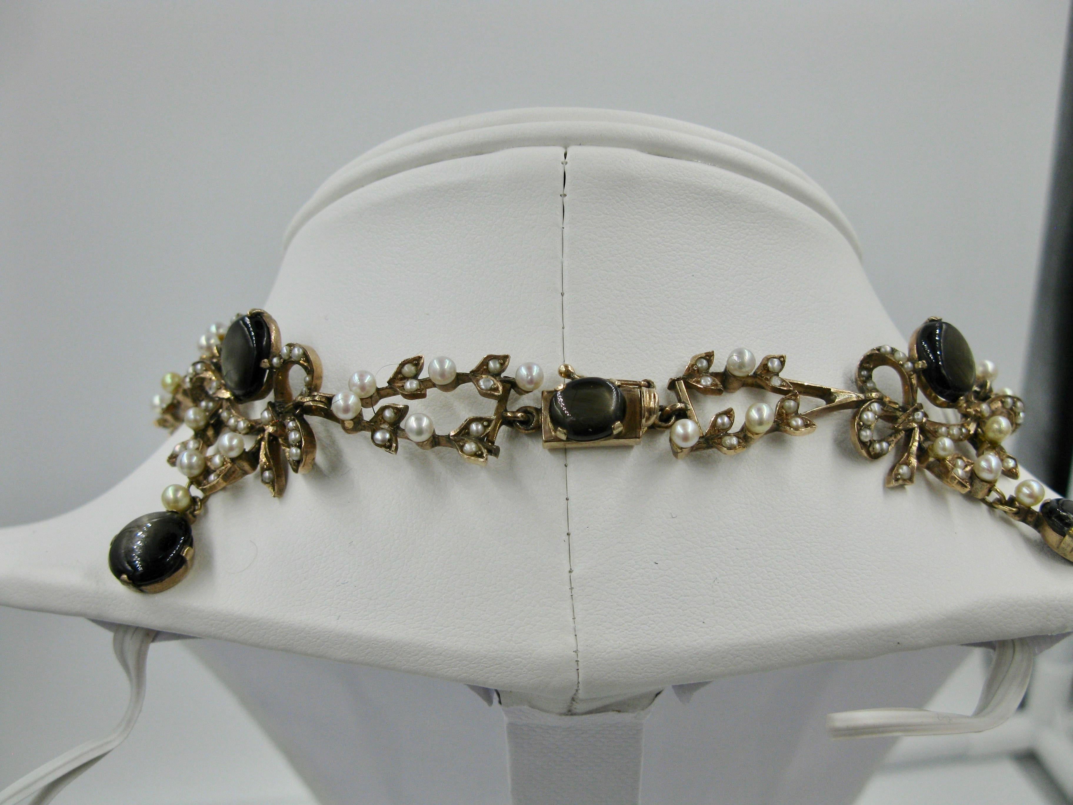 Edwardian 43 Carat Star Sapphire Seed Pearl Necklace Bracelet Earrings Suite For Sale 1