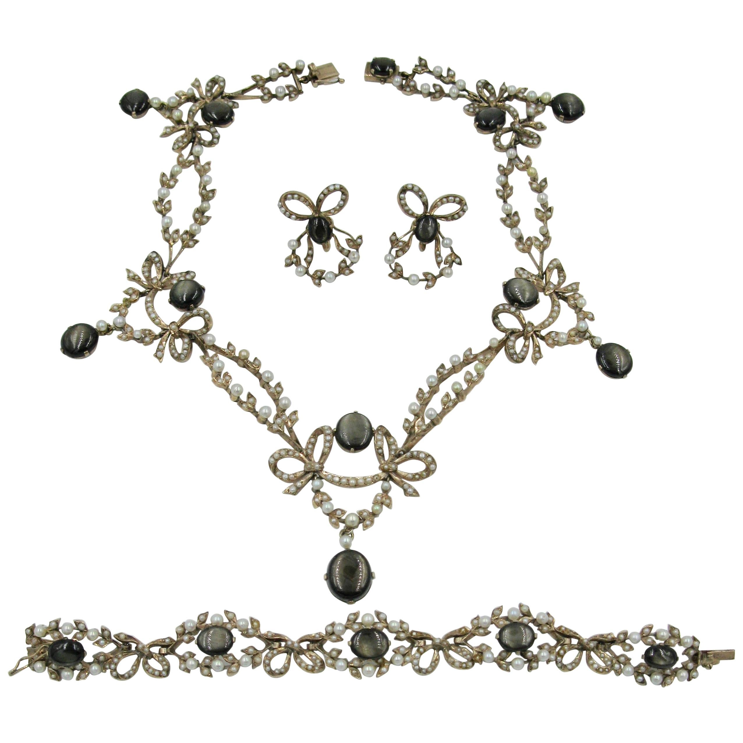 Edwardian 43 Carat Star Sapphire Seed Pearl Necklace Bracelet Earrings Suite