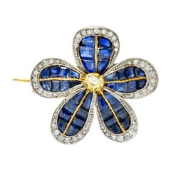 Edwardian 4.32 Carat Sapphire Fancy Colored Diamond Platinum 18 Karat Gold Pin