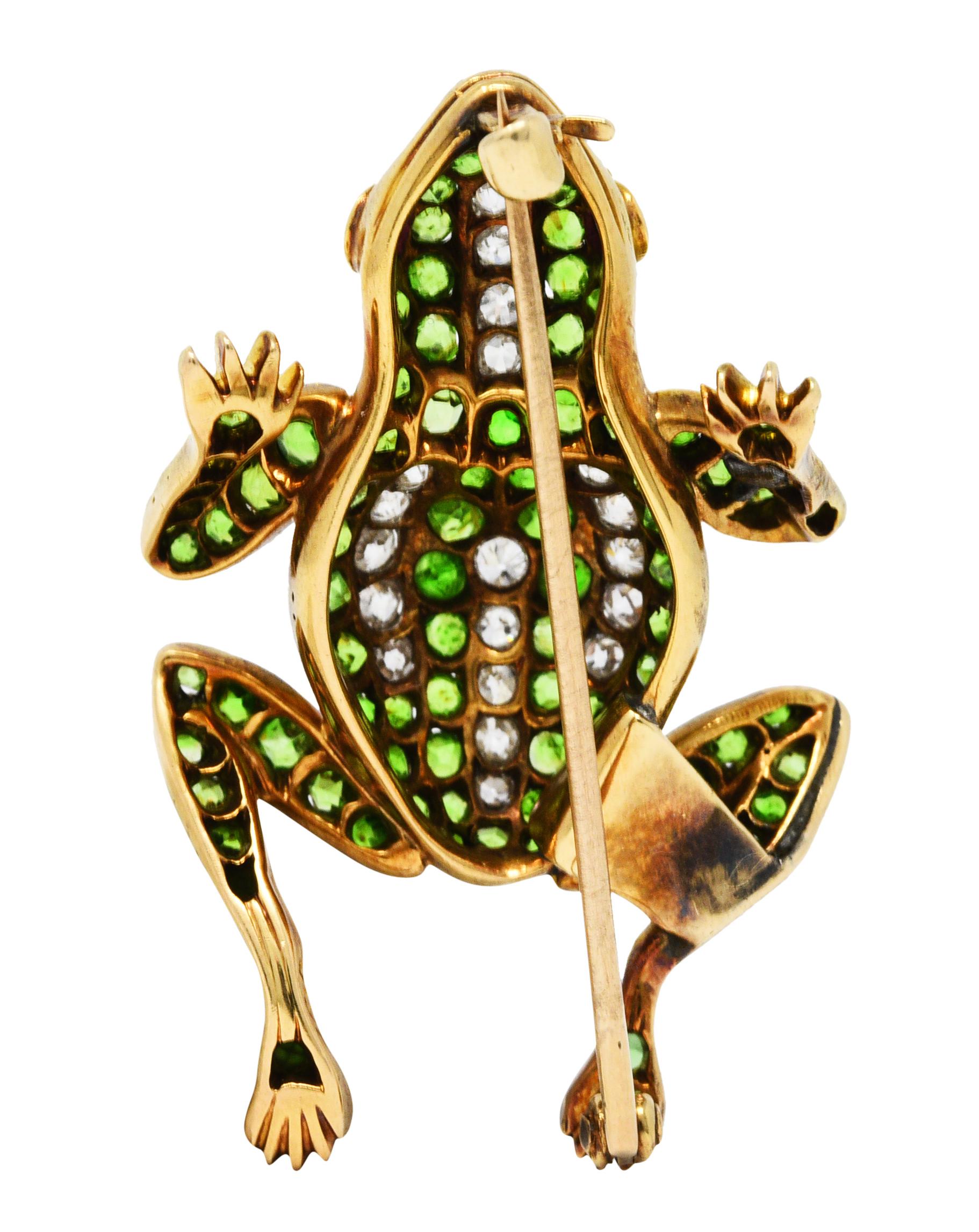 Edwardian 4.35 Carats Demantoid Garnet Diamond Platinum 18 Karat Gold Frog Pin In Excellent Condition In Philadelphia, PA