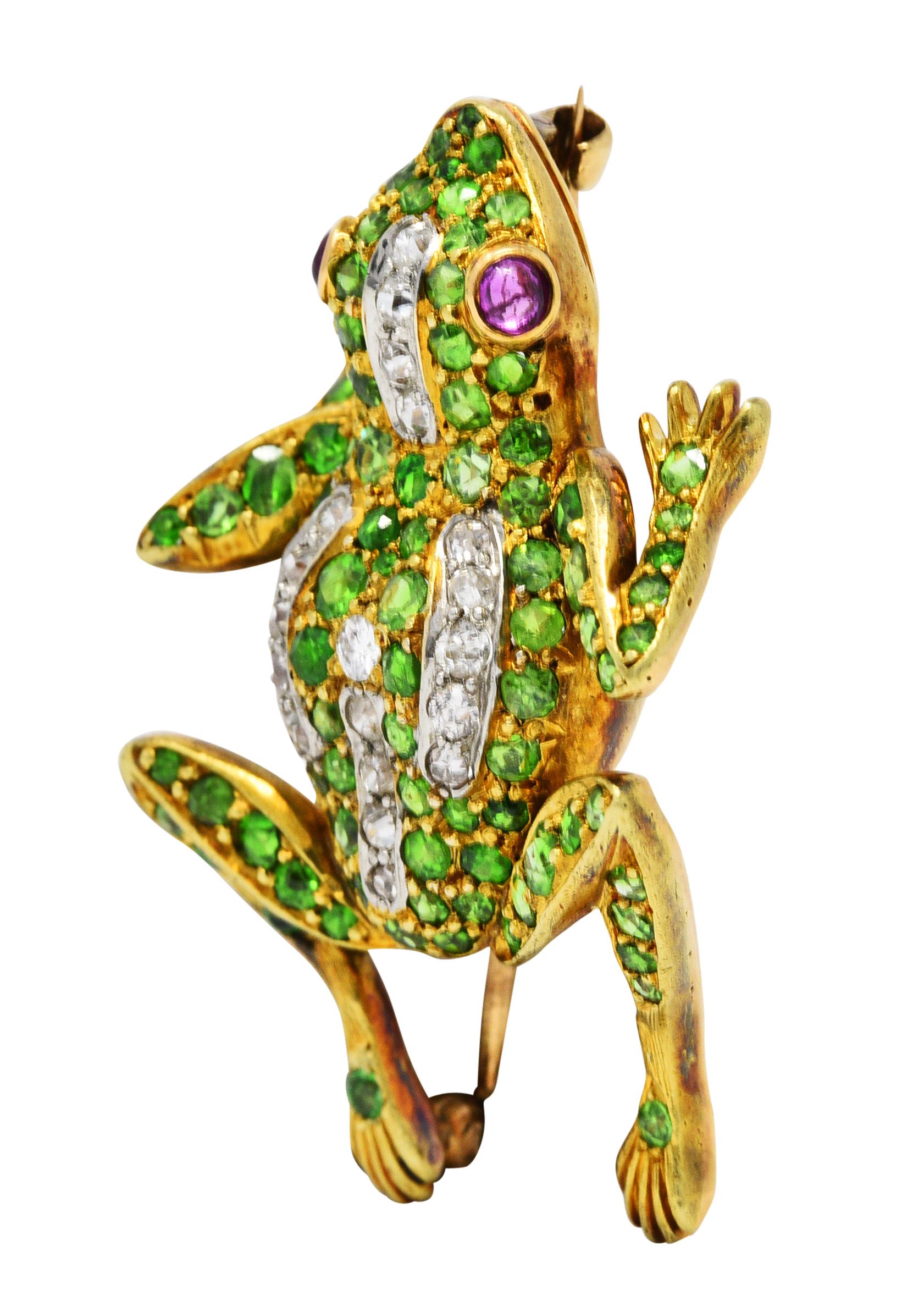 Edwardian 4.35 Carats Demantoid Garnet Diamond Platinum 18 Karat Gold Frog Pin 1
