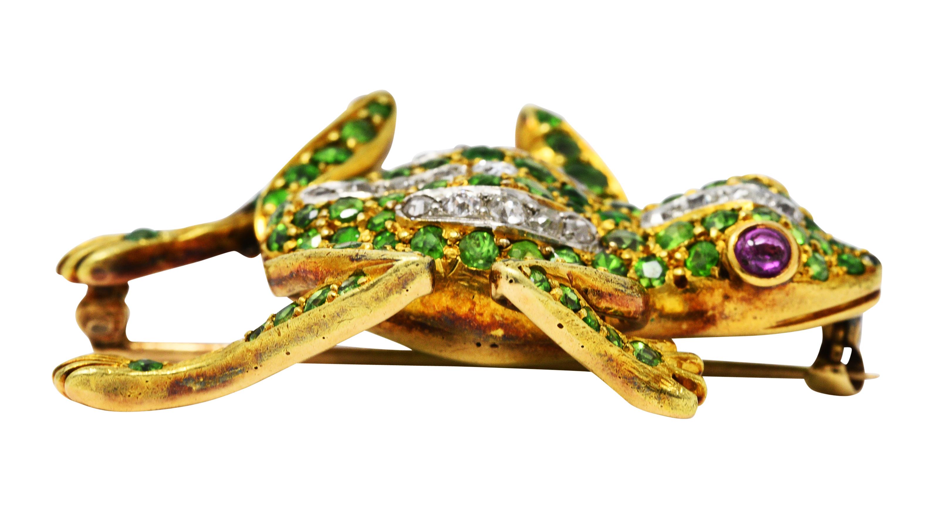 Edwardian 4.35 Carats Demantoid Garnet Diamond Platinum 18 Karat Gold Frog Pin 2