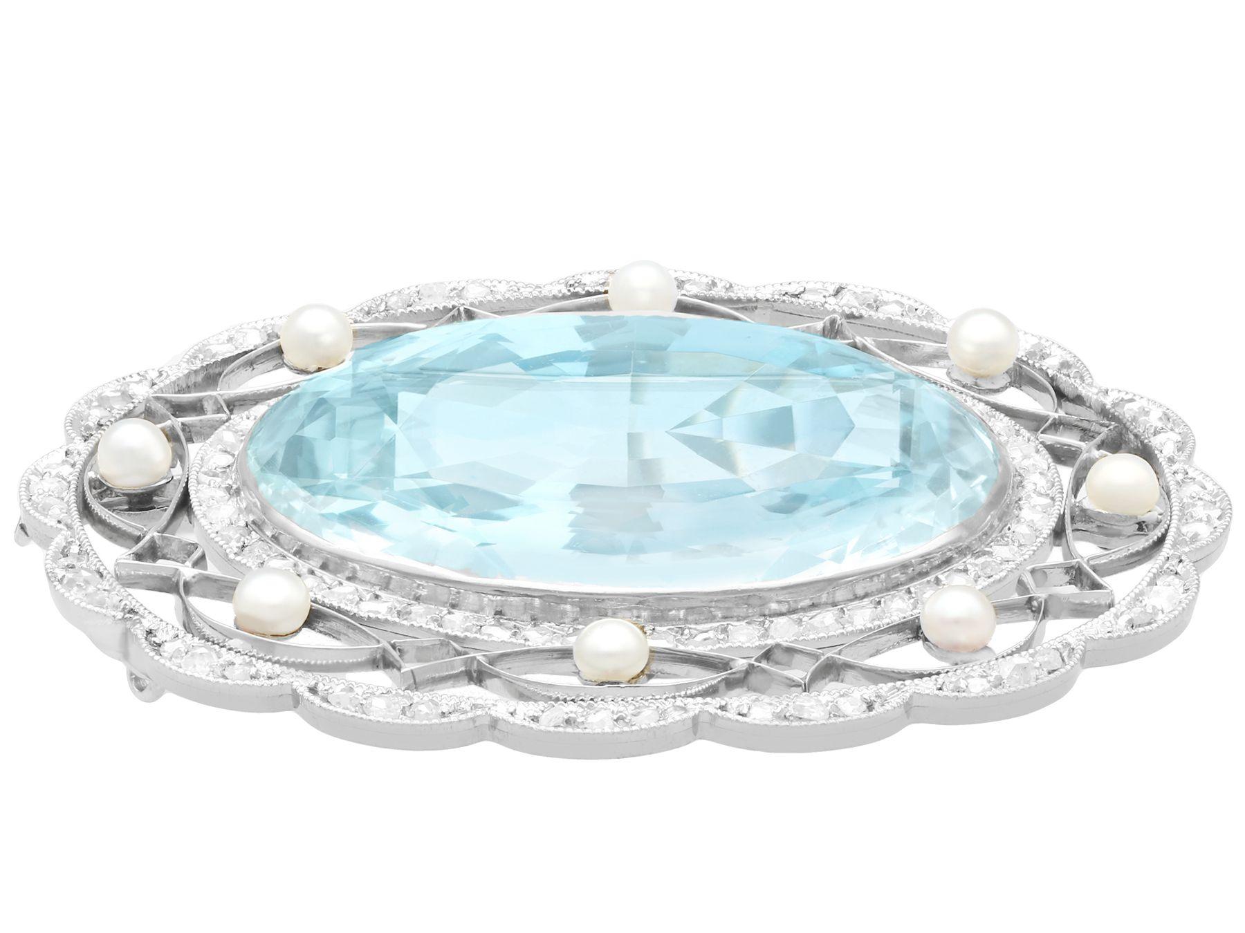 Oval Cut Edwardian 43.84 Carat Aquamarine Diamond and Pearl Brooch in Platinum For Sale