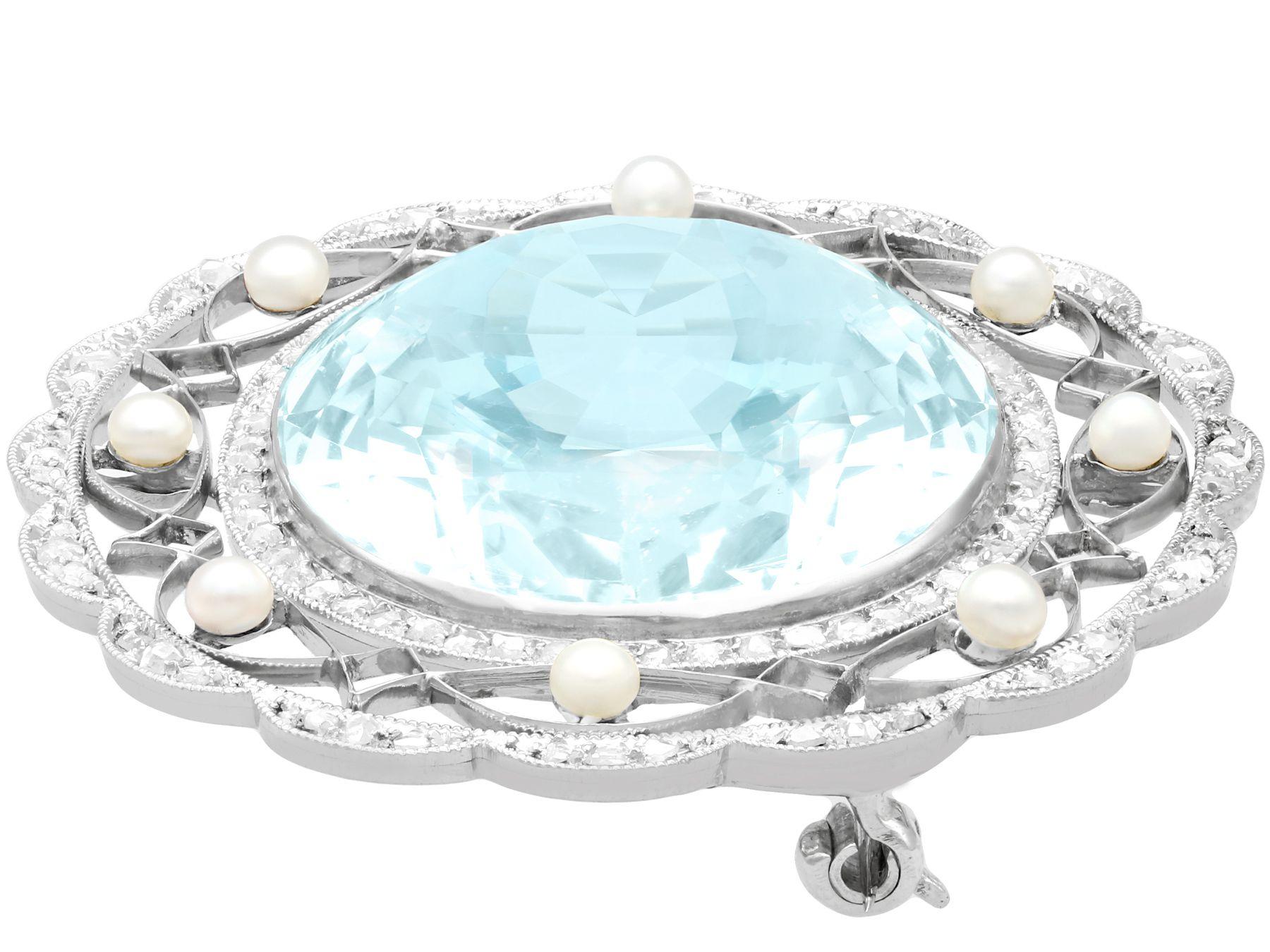Edwardian 43.84 Carat Aquamarine Diamond and Pearl Brooch in Platinum In Excellent Condition For Sale In Jesmond, Newcastle Upon Tyne