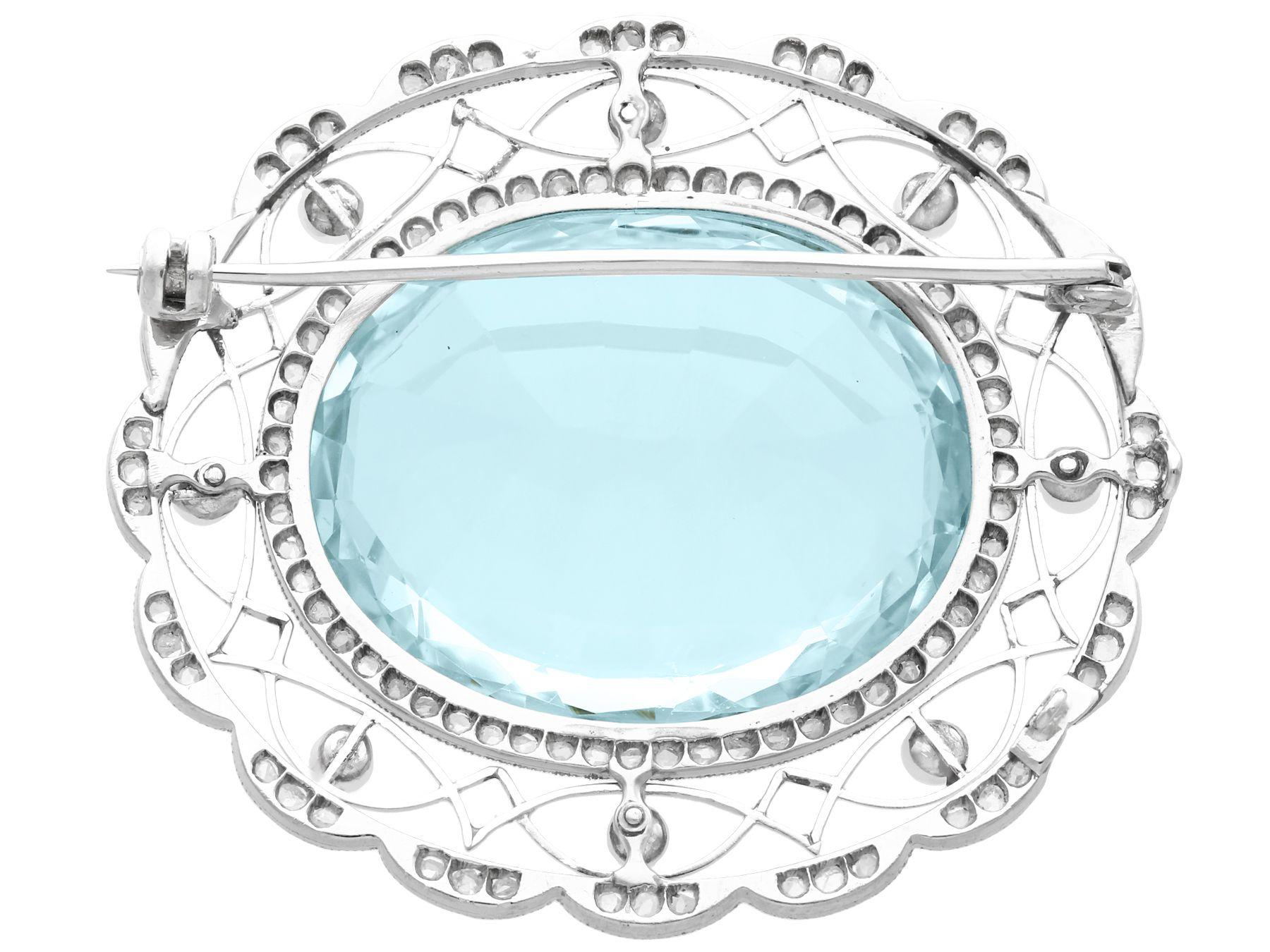 Women's or Men's Edwardian 43.84 Carat Aquamarine Diamond and Pearl Brooch in Platinum For Sale