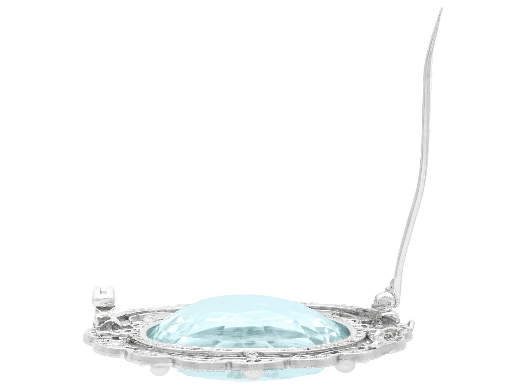 Edwardian 43.84 Carat Aquamarine Diamond and Pearl Brooch in Platinum For Sale 1