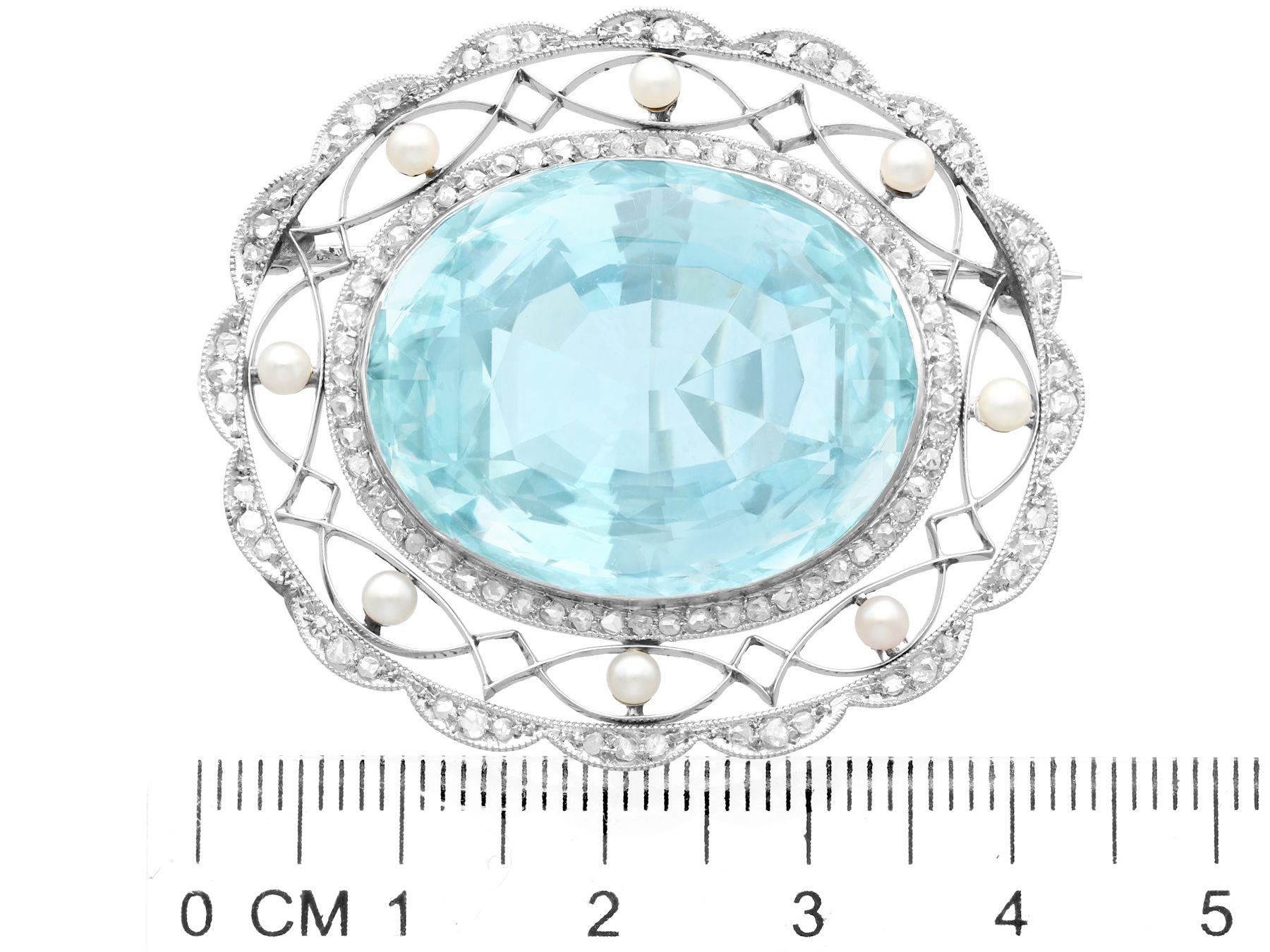 Edwardian 43.84 Carat Aquamarine Diamond and Pearl Brooch in Platinum For Sale 2