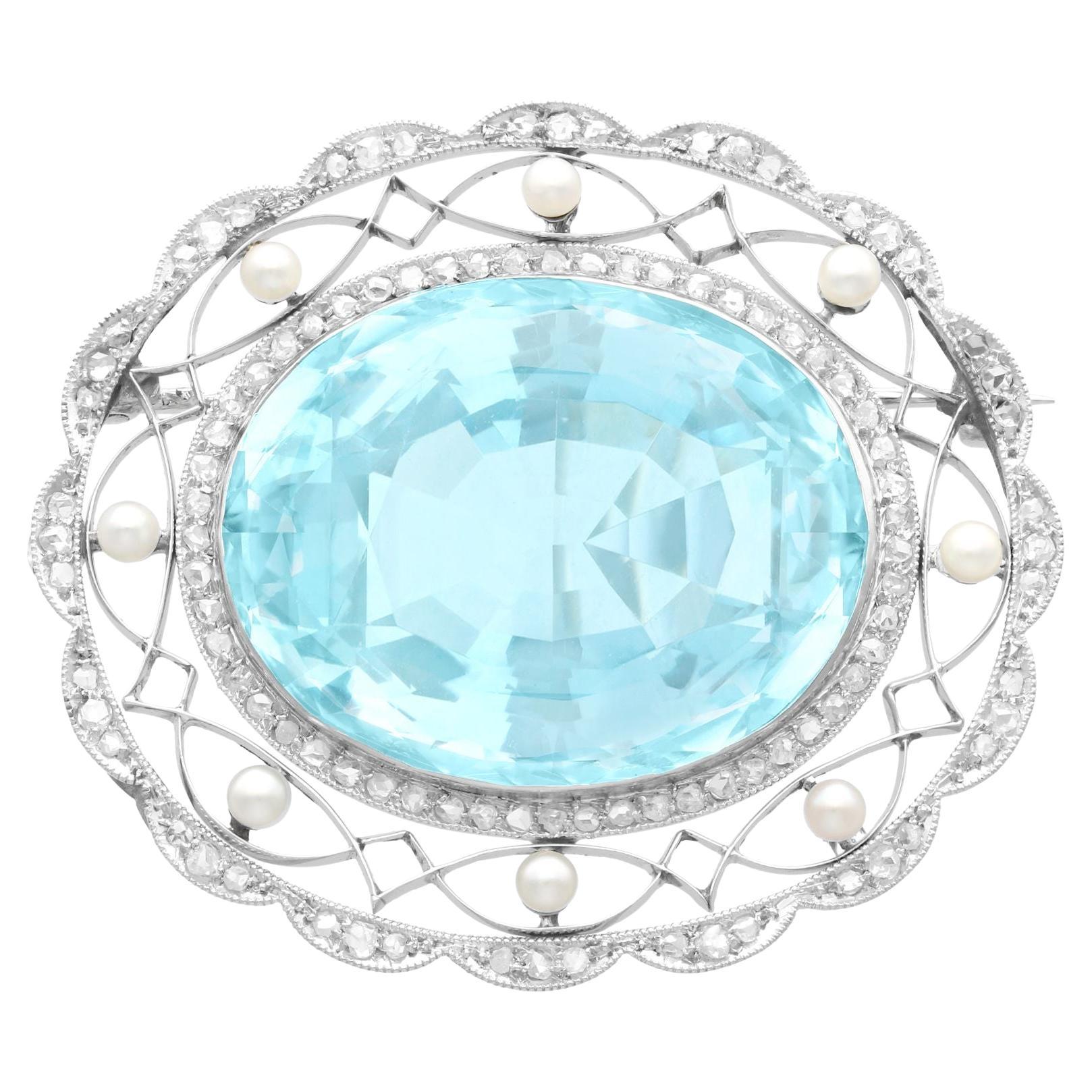 Edwardian 43.84 Carat Aquamarine Diamond and Pearl Brooch in Platinum For Sale