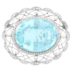 Edwardian 43.84 Carat Aquamarine Diamond and Pearl Brooch in Platinum