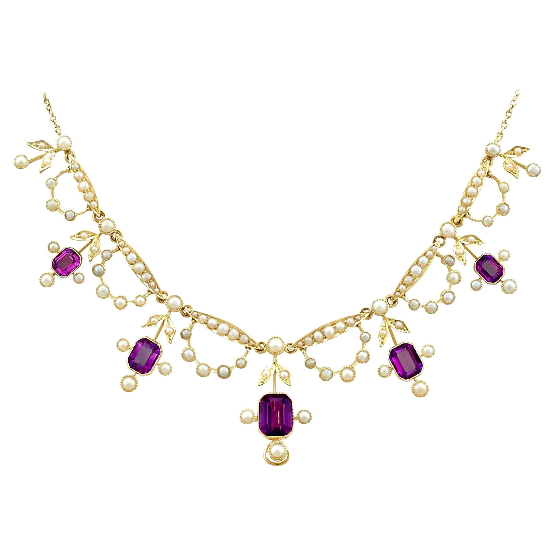 Collar eduardiano de oro amarillo con amatista y perlas de collar de 4,47 quilates