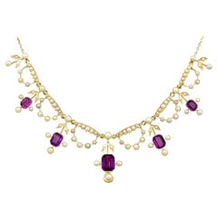 Edwardian 4.47 Carat Amethyst and Seed Pearl Yellow Gold Necklace
