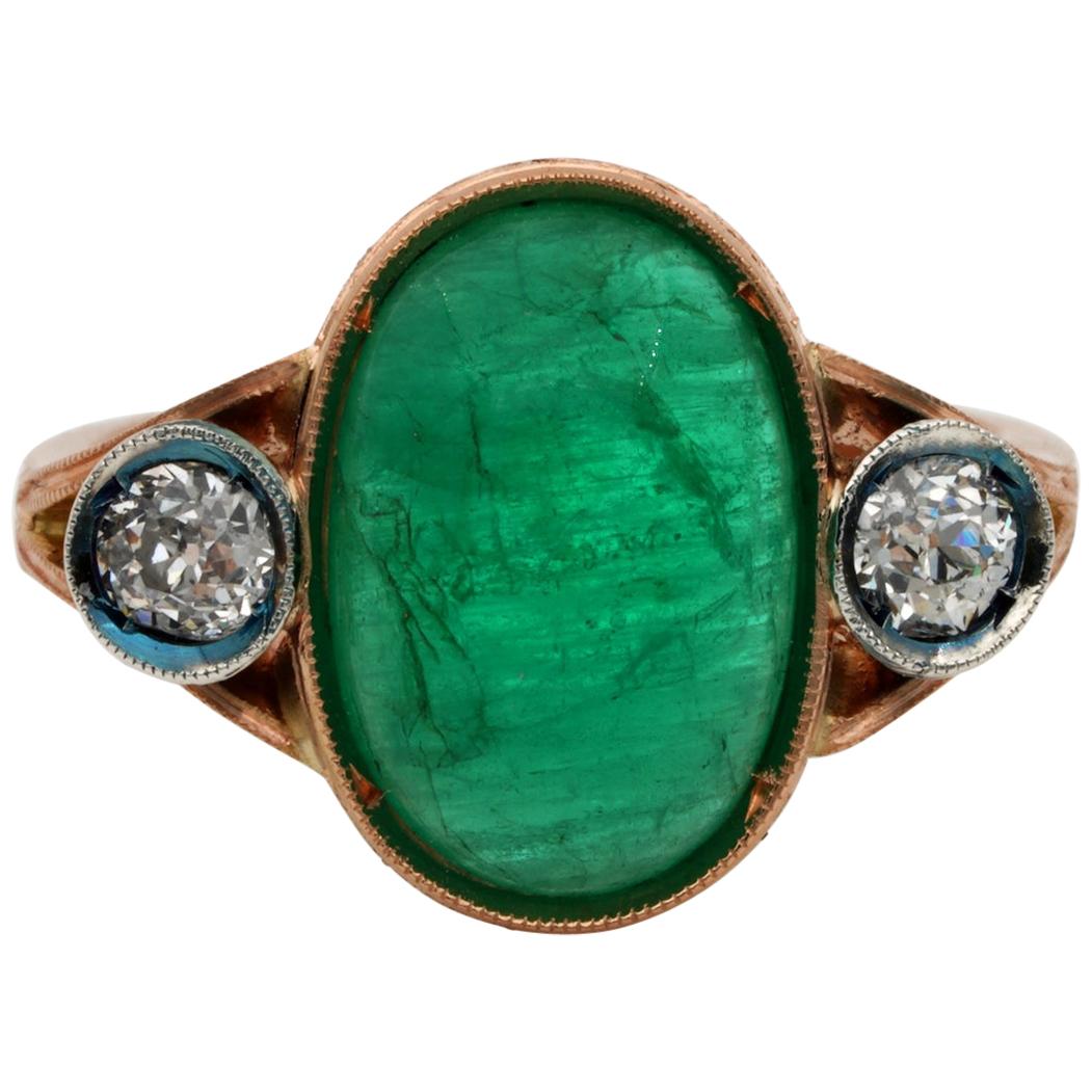 Edwardian 4.50 Carat Natural Emerald .60 Carat Diamond Three-Stone Ring