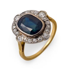 Edwardian 4.50 carat no heat sapphire diamond 18k yellow gold halo ring