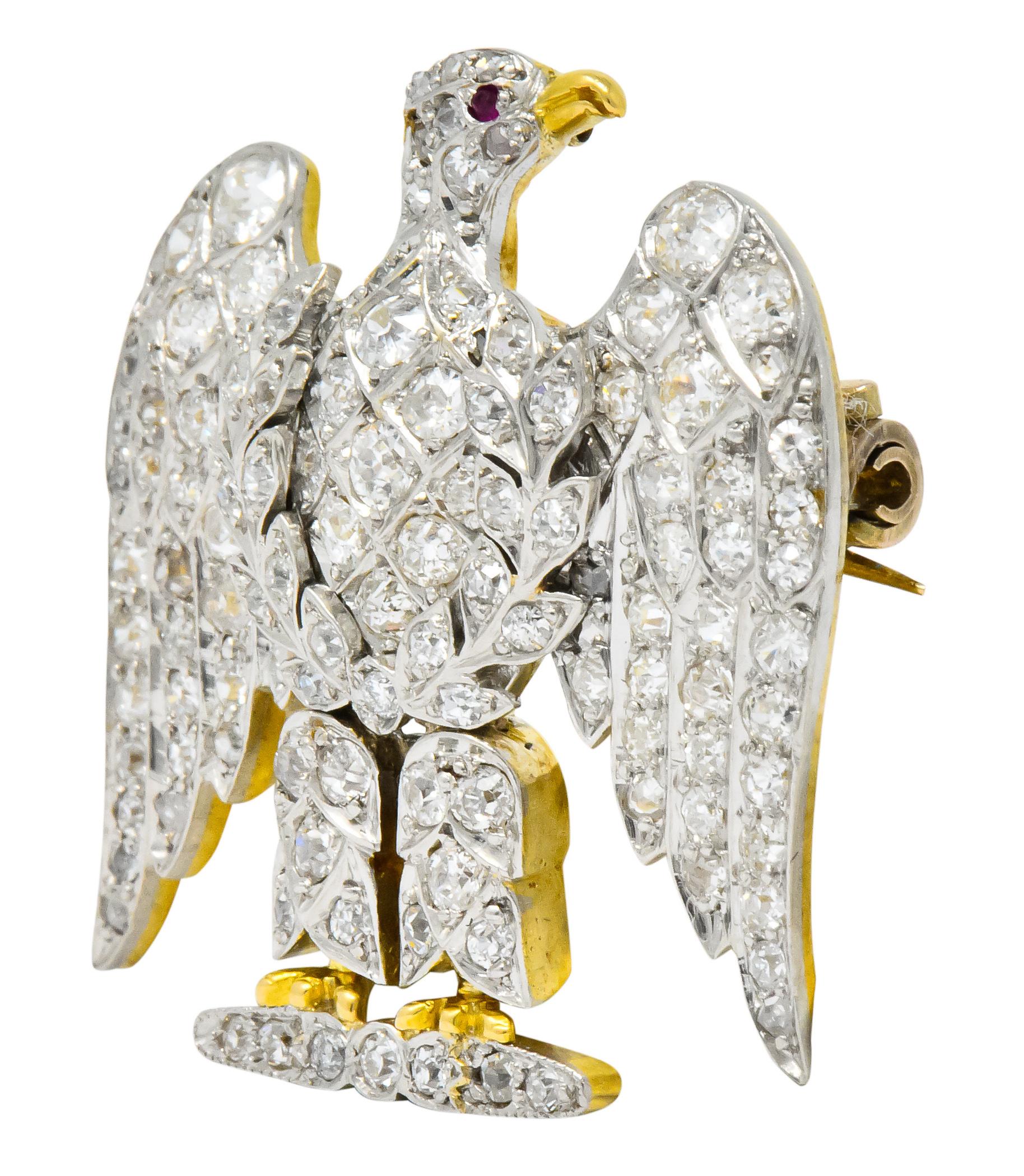 Edwardian  Royal Scots Greys Dragoon Waterloo Diamond Ruby Eagle Brooch In Excellent Condition In Philadelphia, PA