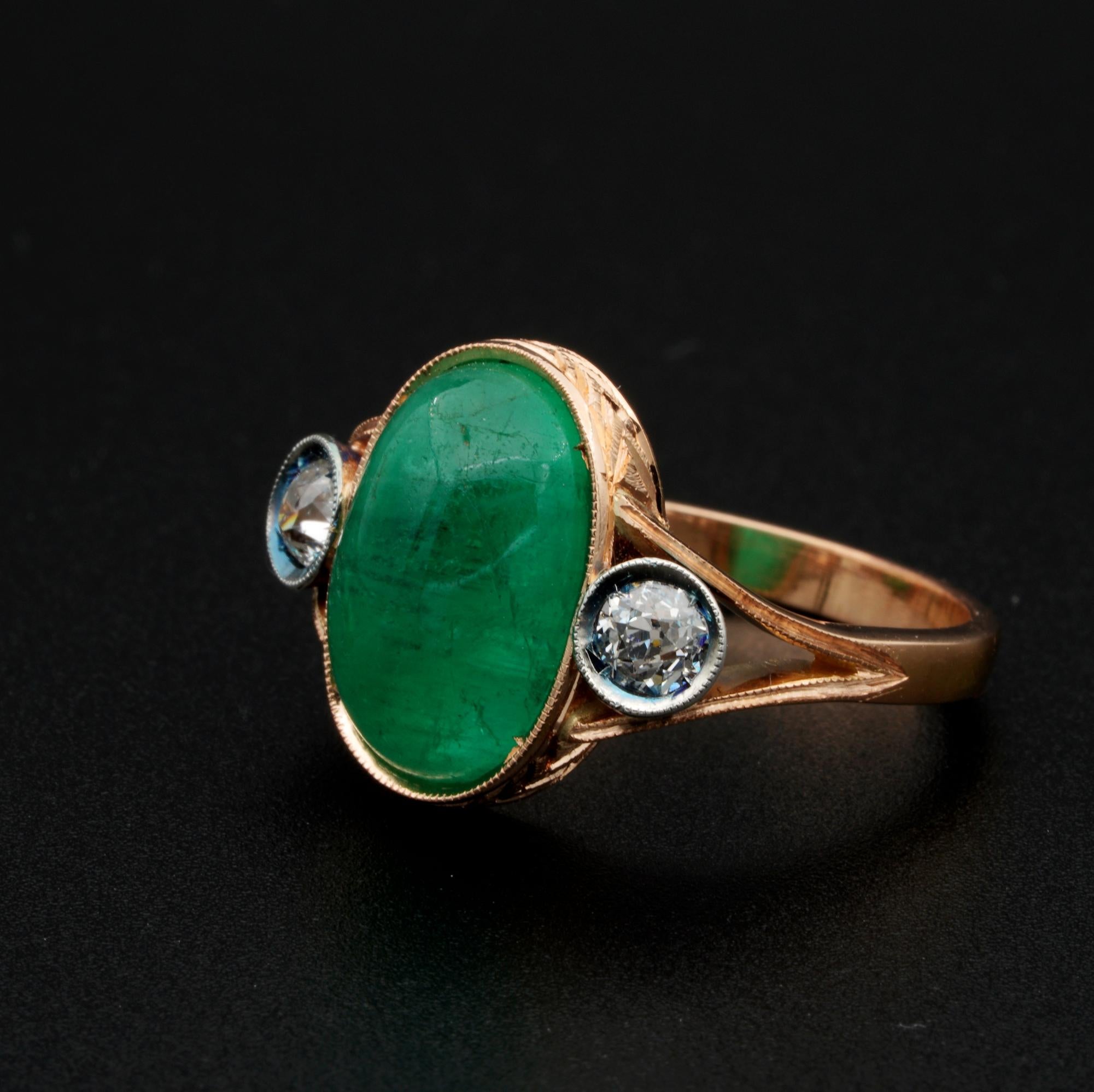 Women's Edwardian 4.50 Carat Natural Emerald .60 Carat Diamond Three-Stone Ring
