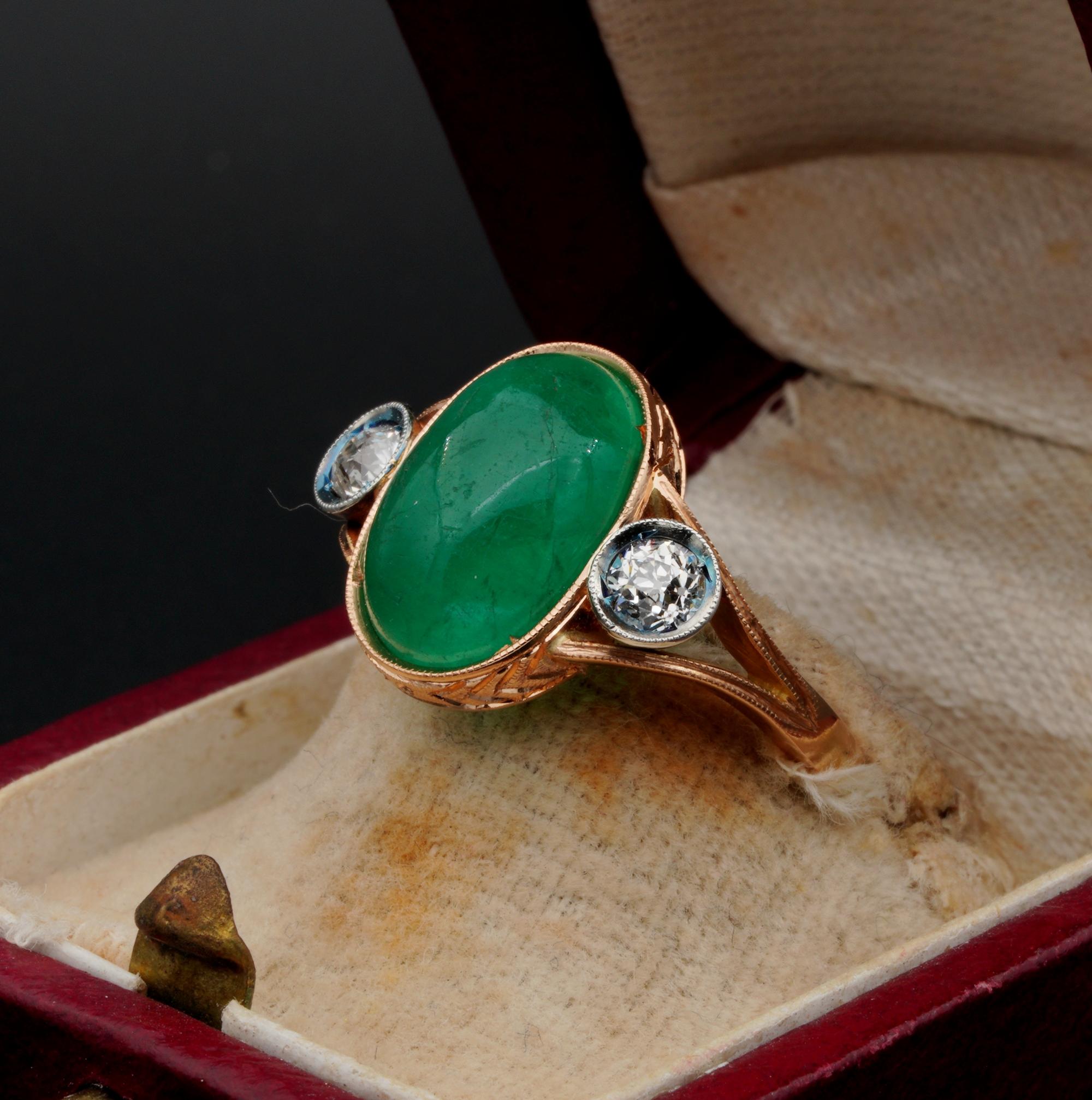 Edwardian 4.50 Carat Natural Emerald .60 Carat Diamond Three-Stone Ring 1