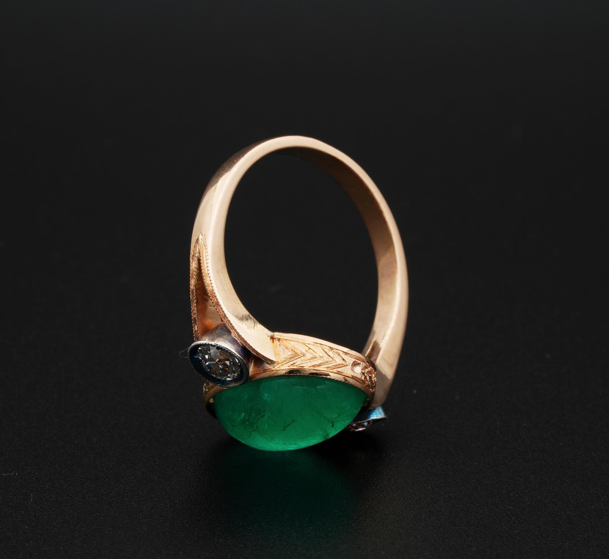 Edwardian 4.50 Carat Natural Emerald .60 Carat Diamond Three-Stone Ring 2