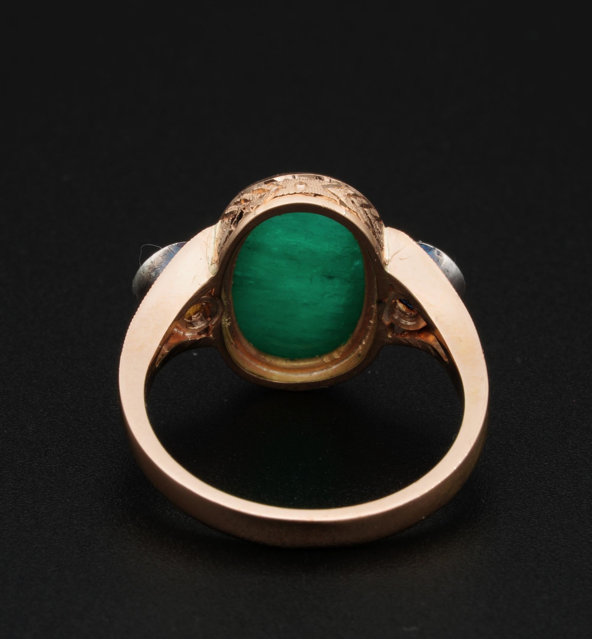 Edwardian 4.50 Carat Natural Emerald .60 Carat Diamond Three-Stone Ring 3