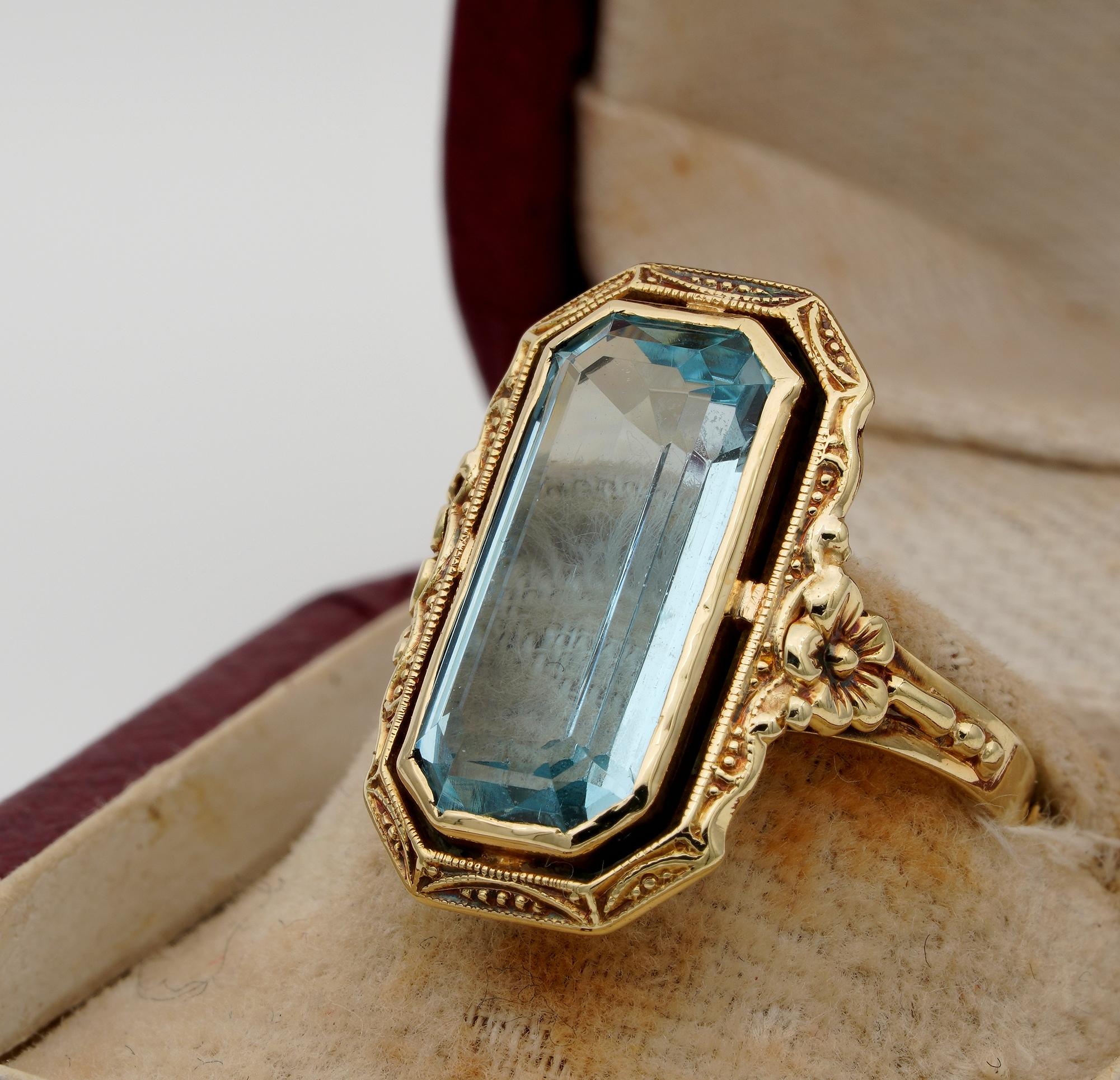 Edwardian 4.50 Carat Natural Untreated Emerald Cut Aquamarine Solitaire Ring For Sale 2
