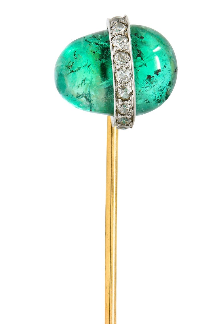 Edwardian 4.65 Carats Emerald Diamond Platinum 14 Karat Gold Gemstone Stickpin For Sale 3