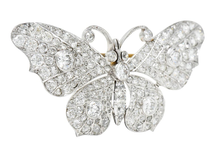Old European Cut Edwardian 4.75 Carats Diamond 18 Karat White Gold Butterfly Brooch For Sale