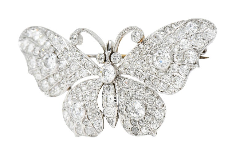 Women's or Men's Edwardian 4.75 Carats Diamond 18 Karat White Gold Butterfly Brooch For Sale