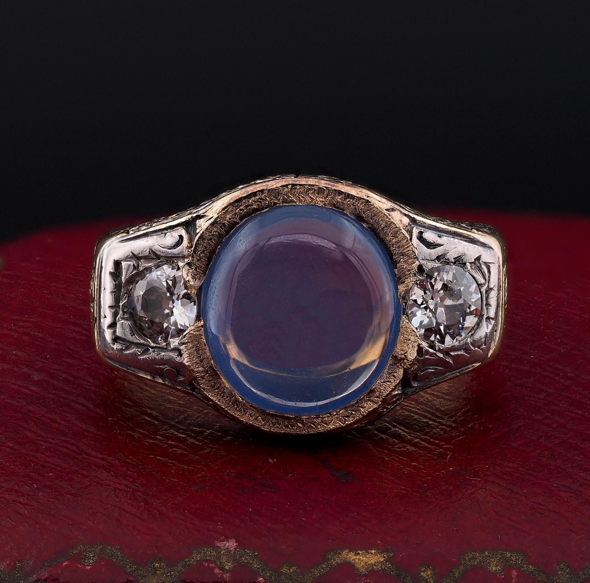 Past Signature Ring
This beautiful antique ring is Edwardian period, substantially hand crafted of solid 18 Kt gold, stamped internally and punched with outside worn hallmarks hardly readable, possibly Austro Hungarian origin
Appealing rare trilogy