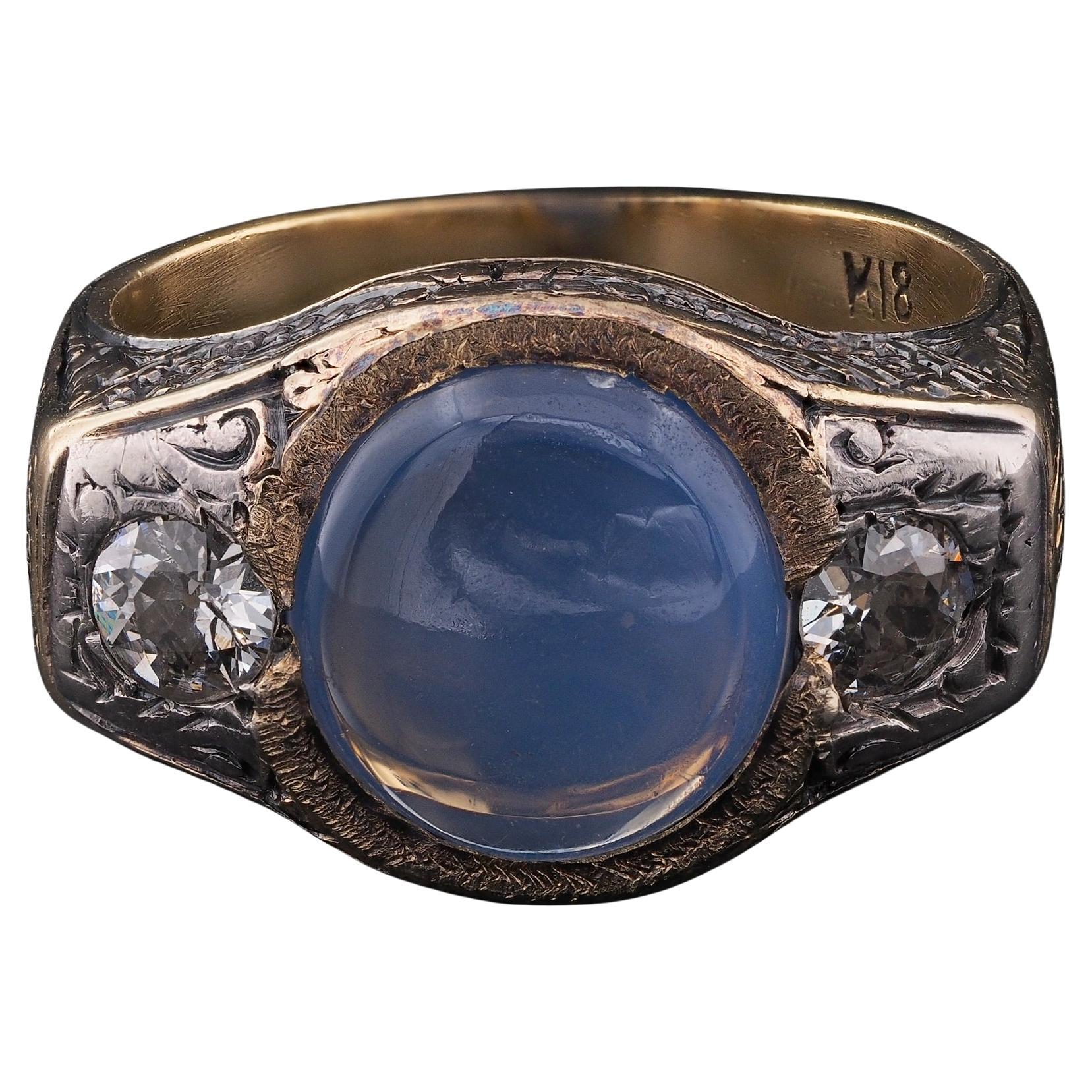 Ring mit drei Steinen, edwardianischer 4,80 Karat natürlicher unbehandelter Saphir und Diamant