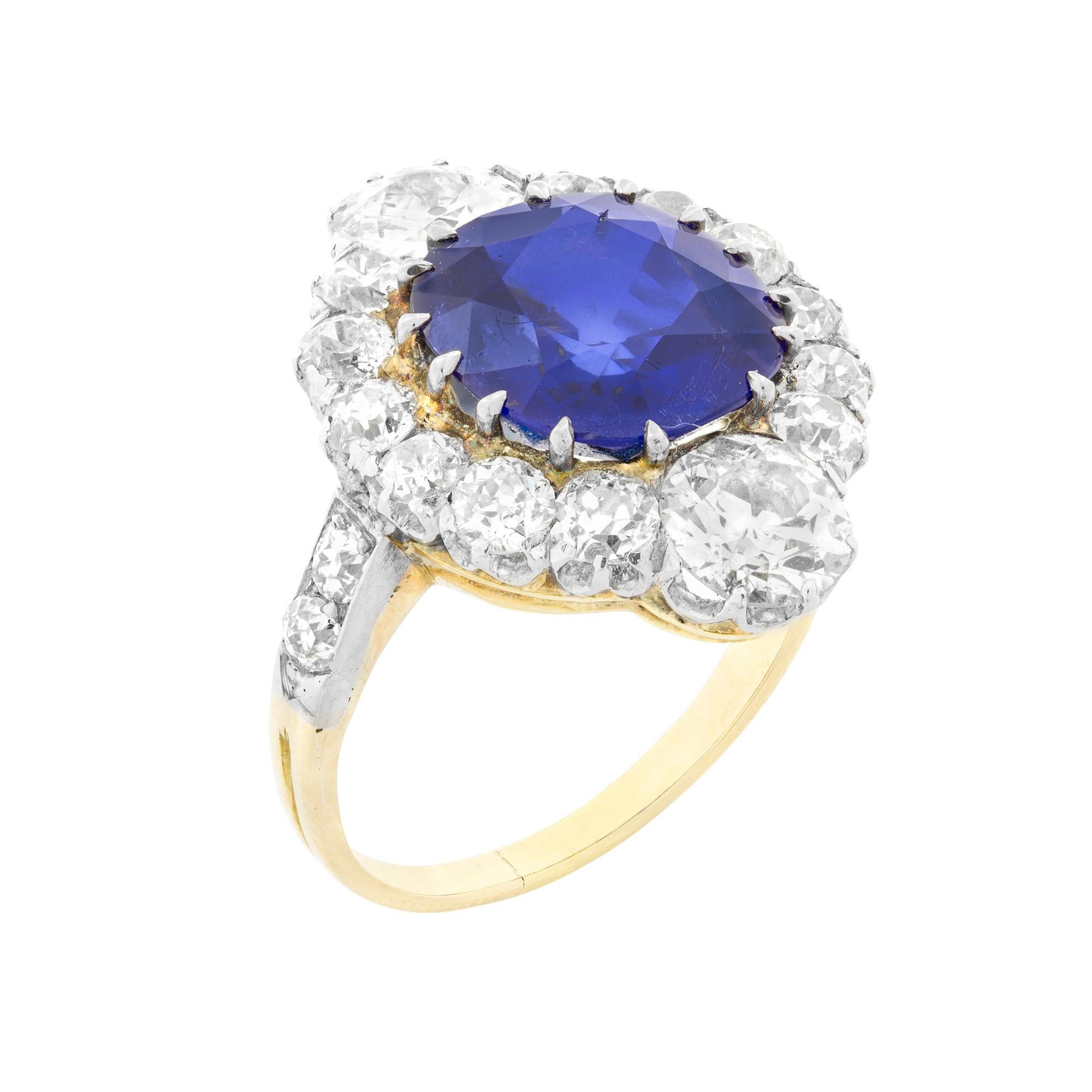 Round Cut Edwardian 4.84 Carat Fine Burmese Sapphire Diamond Gold Cluster Ring For Sale