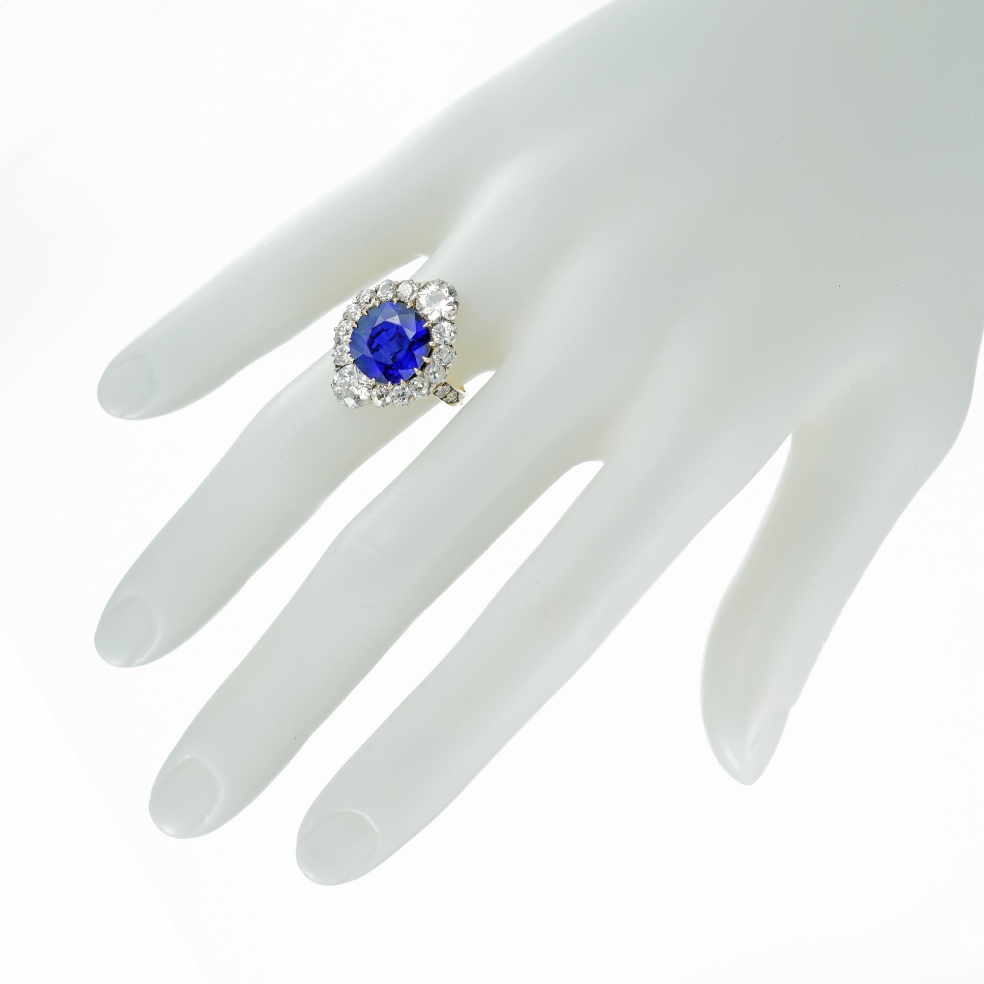 Edwardian 4.84 Carat Fine Burmese Sapphire Diamond Gold Cluster Ring For Sale 3