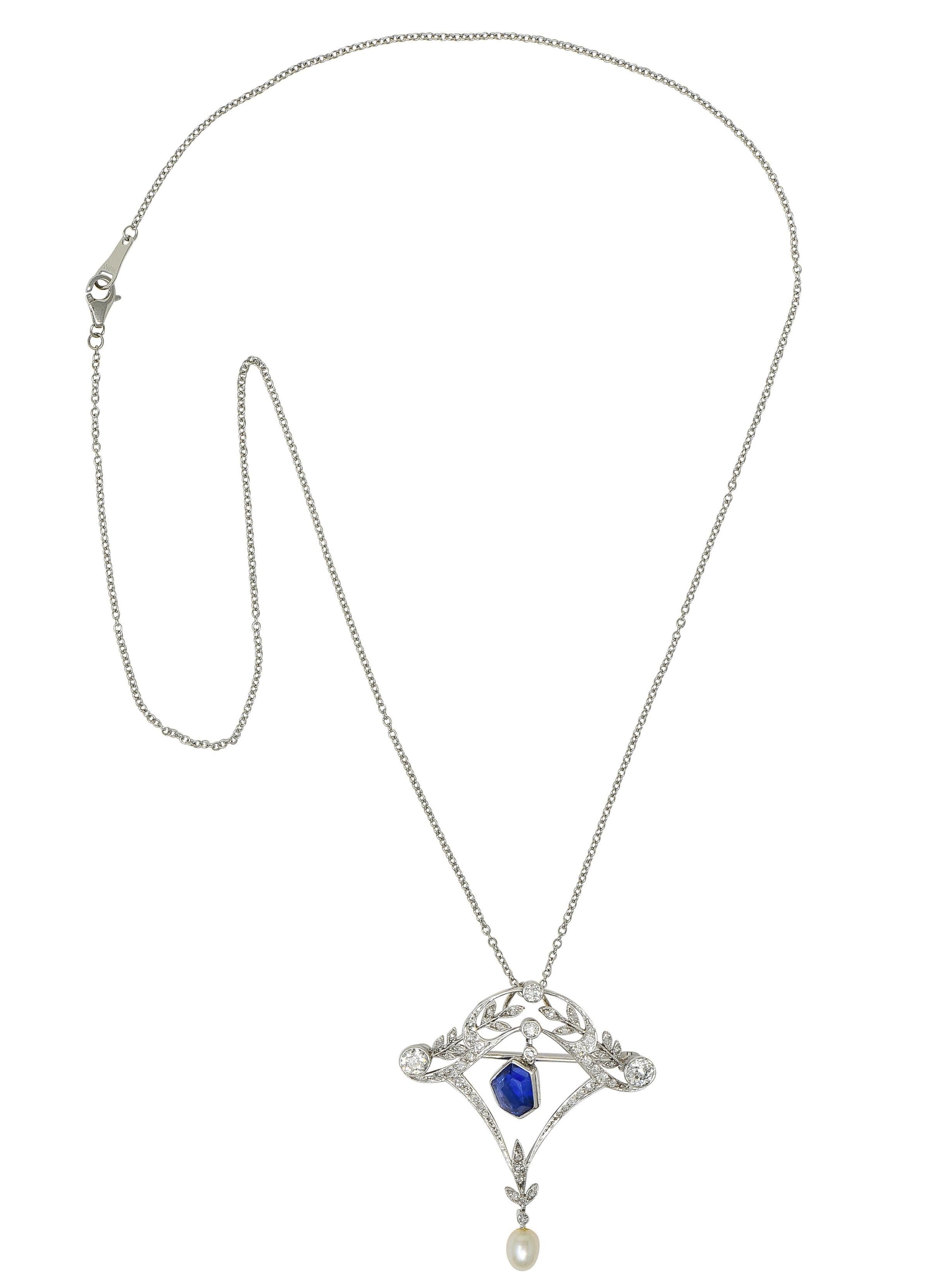 Édouardien Collier pendentif Edwardian 4.98 CTW No Heat Sapphire Diamond Platinum Antique en vente