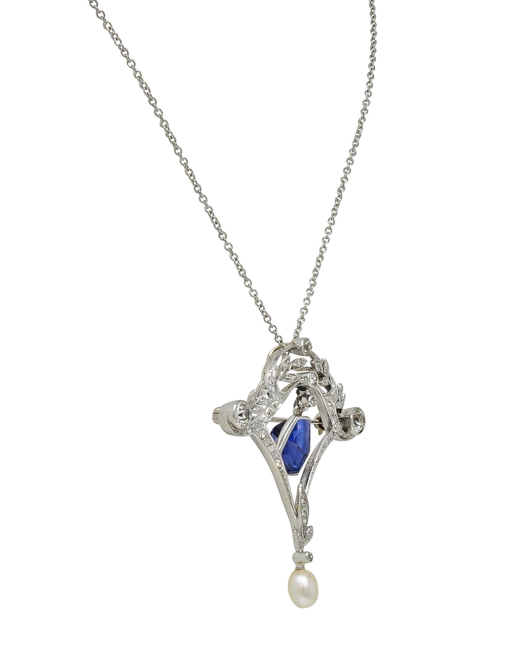 Taille mixte Collier pendentif Edwardian 4.98 CTW No Heat Sapphire Diamond Platinum Antique en vente