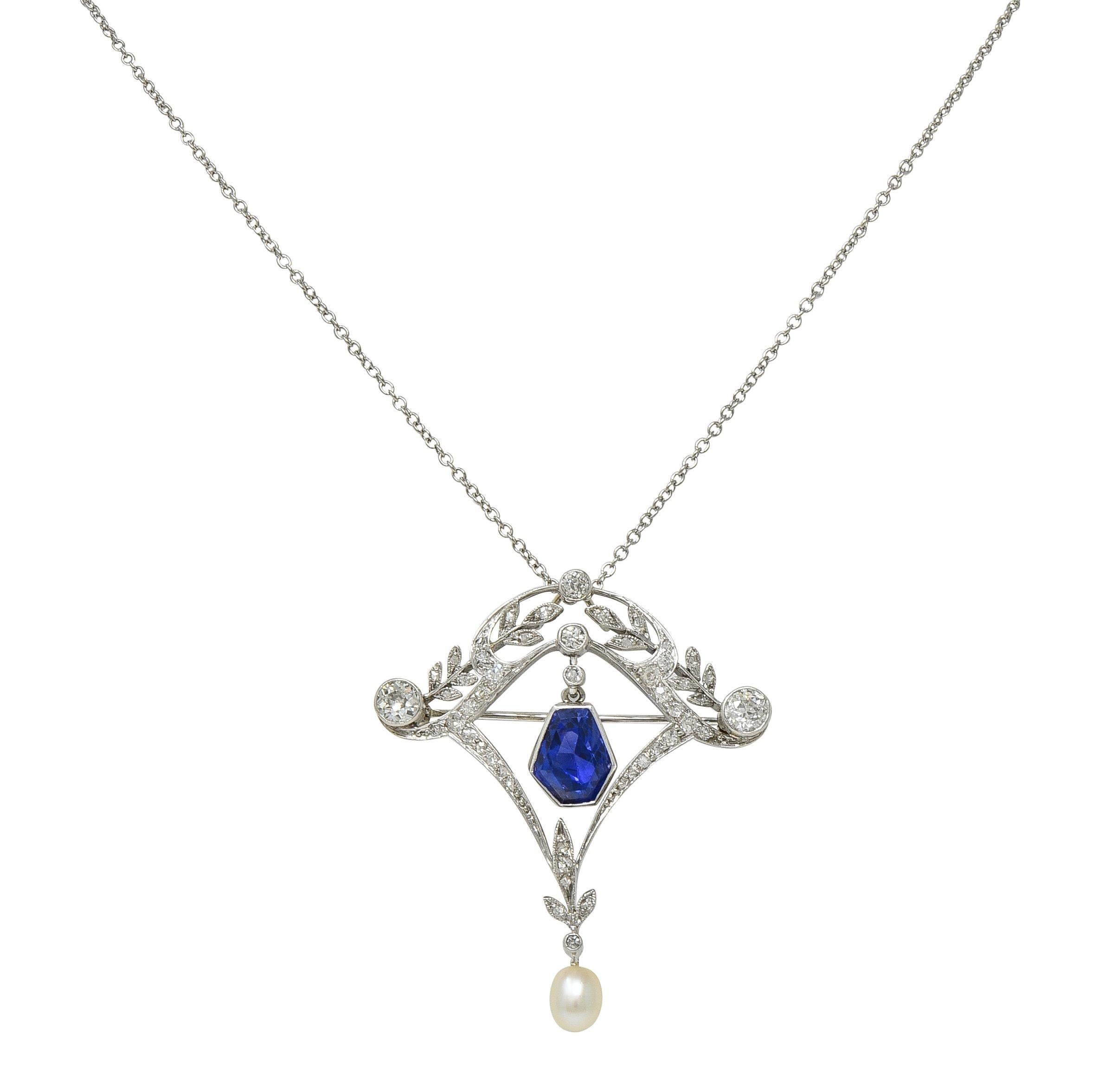 Collier pendentif Edwardian 4.98 CTW No Heat Sapphire Diamond Platinum Antique en vente 3