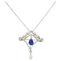 Collier pendentif Edwardian 4.98 CTW No Heat Sapphire Diamond Platinum Antique