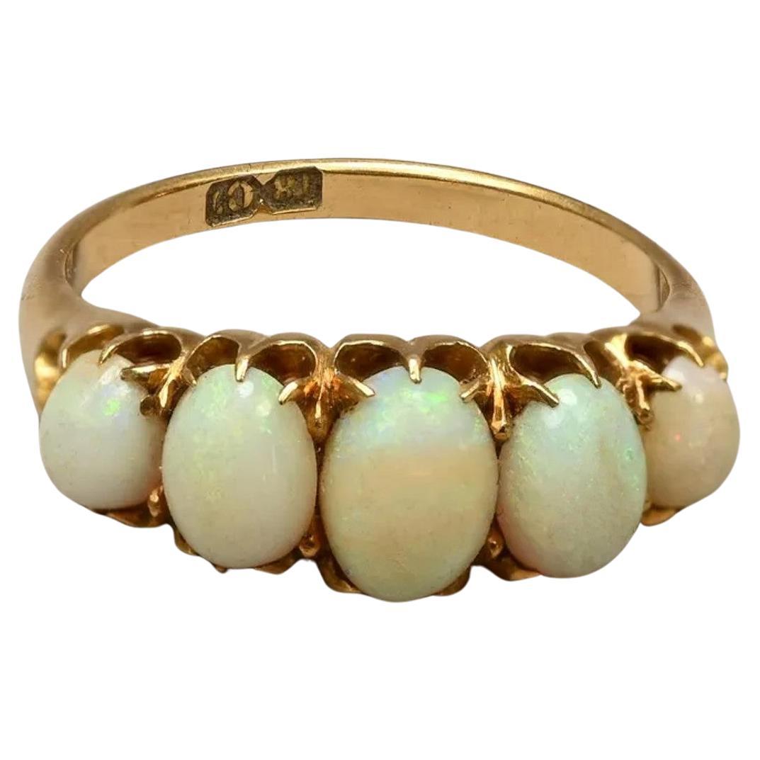 Edwardian 5 Stone Natural Opal Cabochons 18k Yellow Gold Antique Ring Size 6.75 For Sale