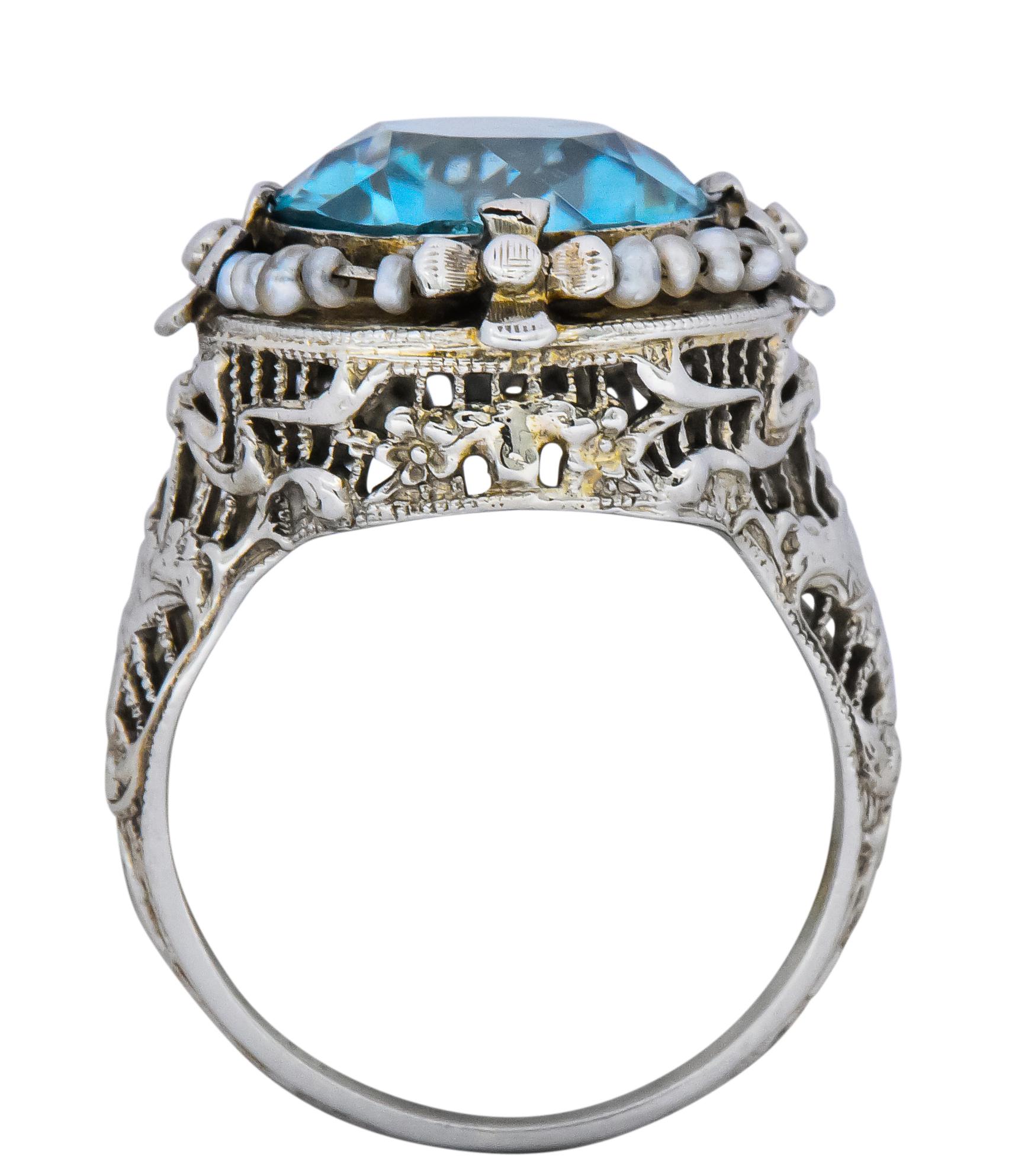 Women's or Men's Edwardian 5.00 Carat Blue Zircon Seed Pearl 18 Karat White Gold Ring