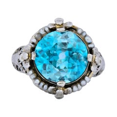 Edwardian 5.00 Carat Blue Zircon Seed Pearl 18 Karat White Gold Ring