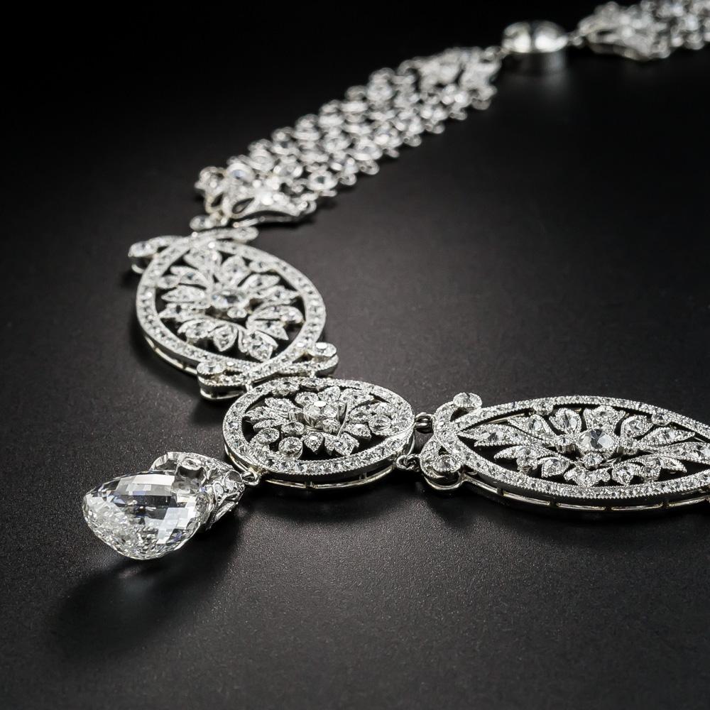 Briolette Cut Edwardian 5.07 Carat Briolette Diamond Necklace, GIA E SI2 For Sale