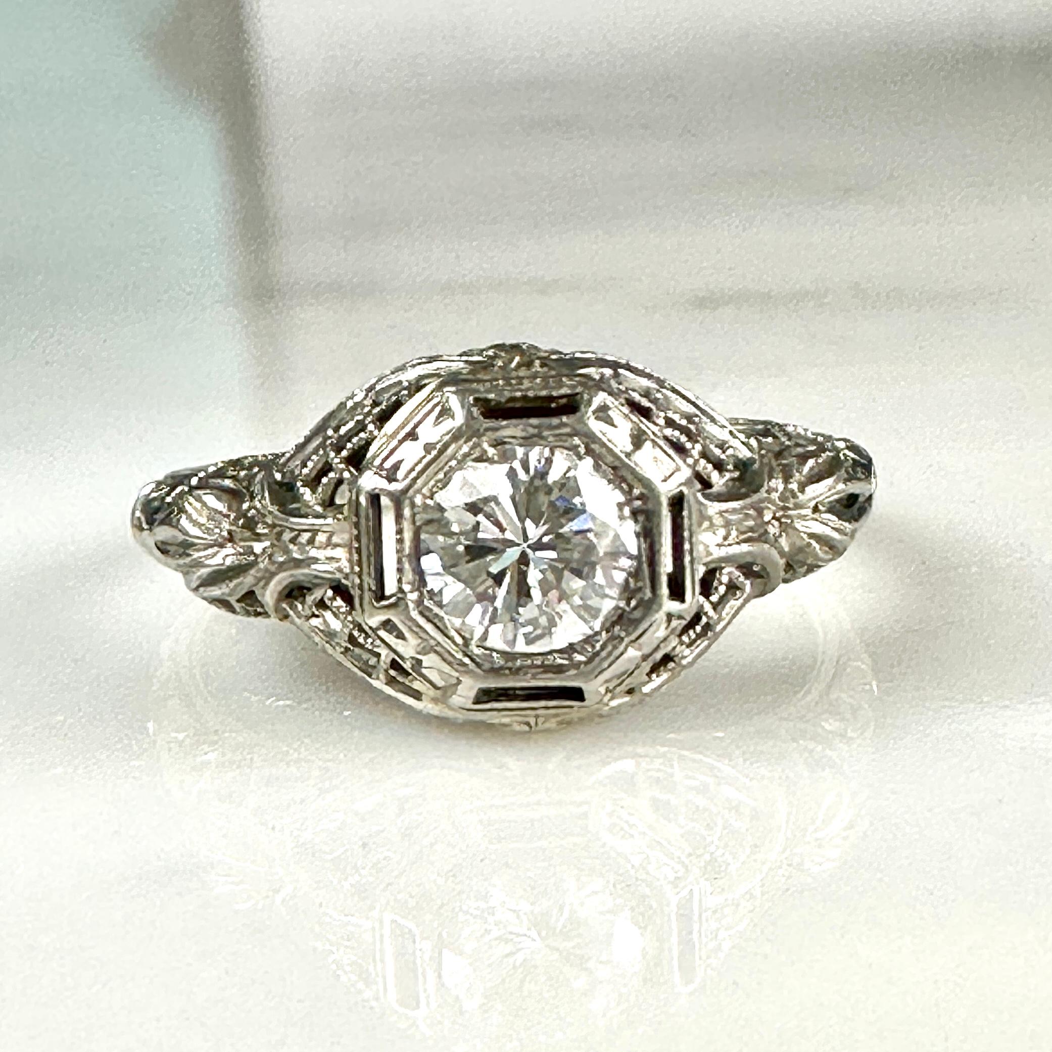 Edwardian .50 Carat Diamond & 18k White Gold Filigree Engagement Ring For Sale 2