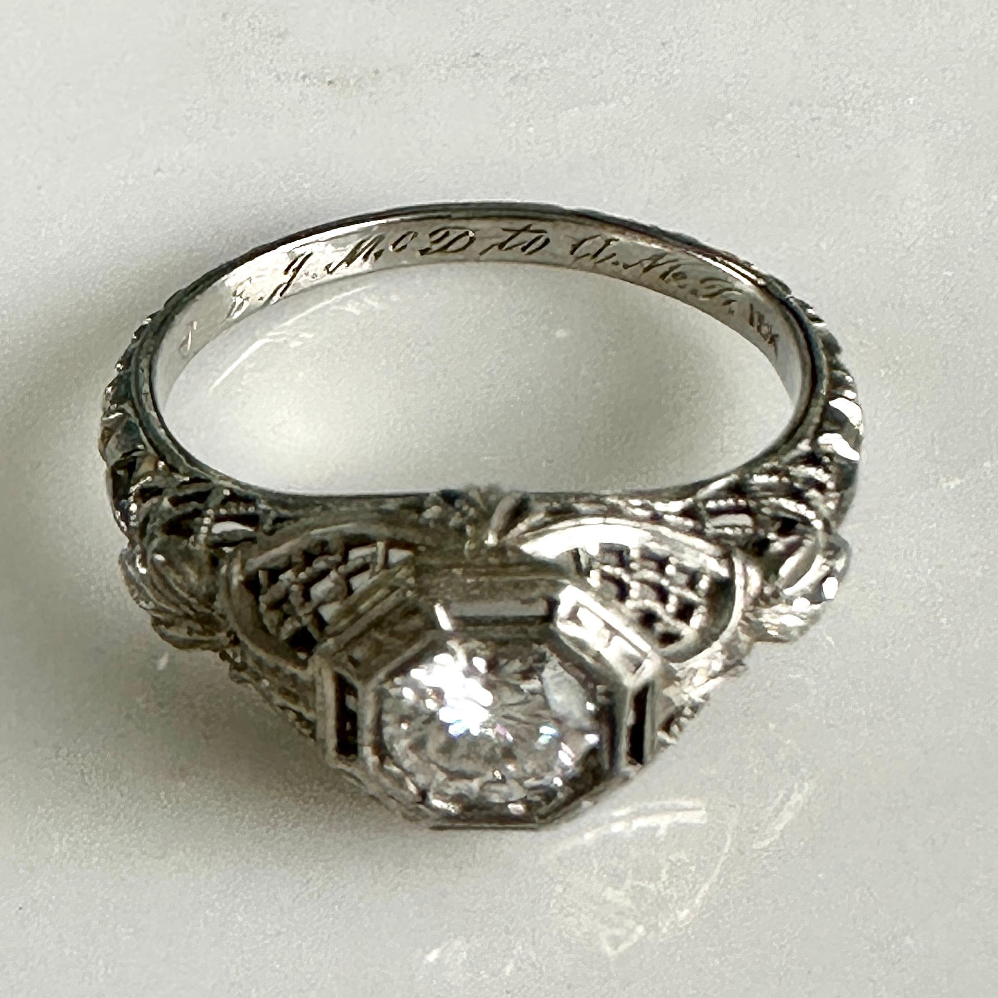 Edwardian .50 Carat Diamond & 18k White Gold Filigree Engagement Ring For Sale 3
